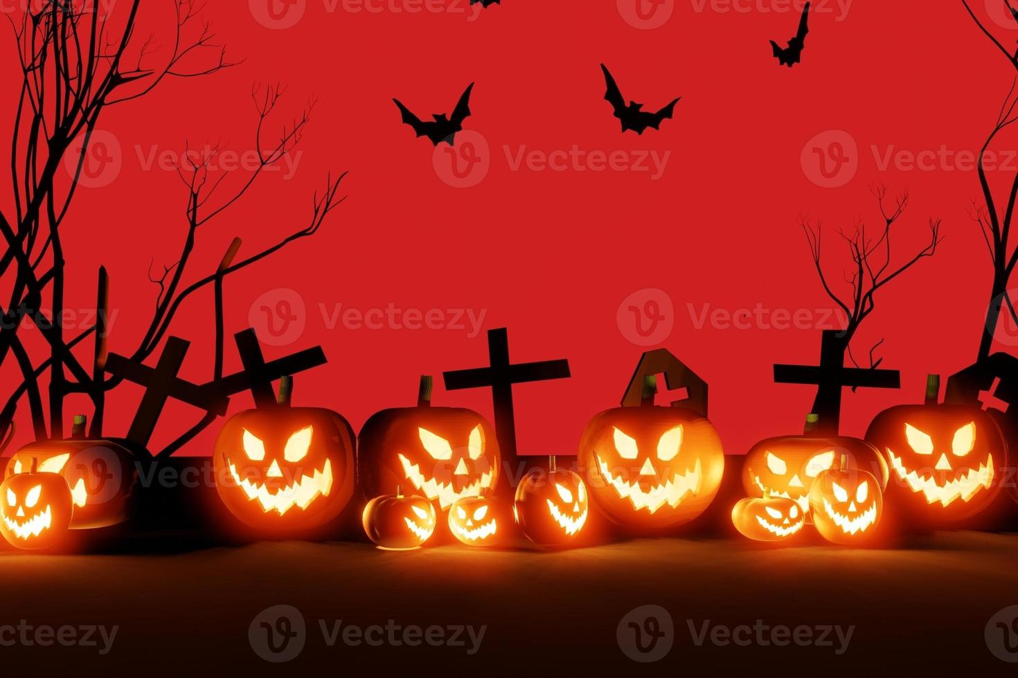 Halloween pumpkins smile and scary eyes with bats and graves backdrop. with a big blood moon, 3d render, banner. photo