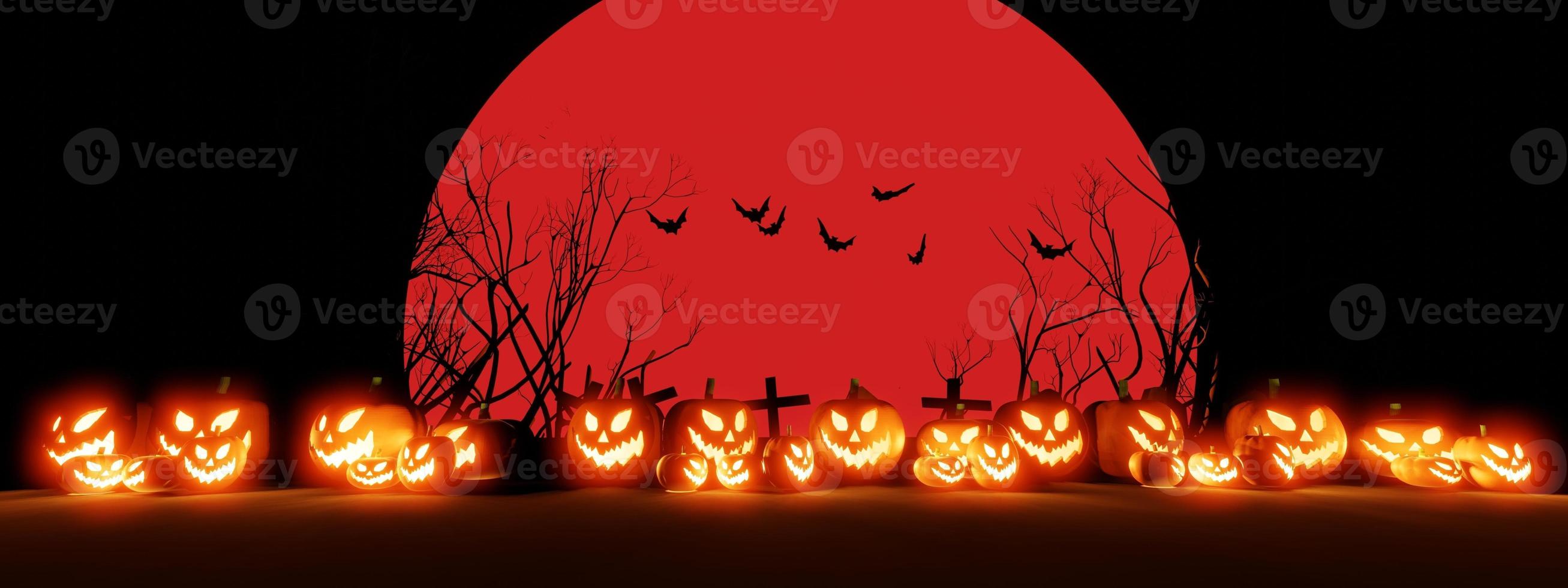 Halloween pumpkins smile and scary eyes with bats and graves backdrop. with a big blood moon, 3d render, banner. photo