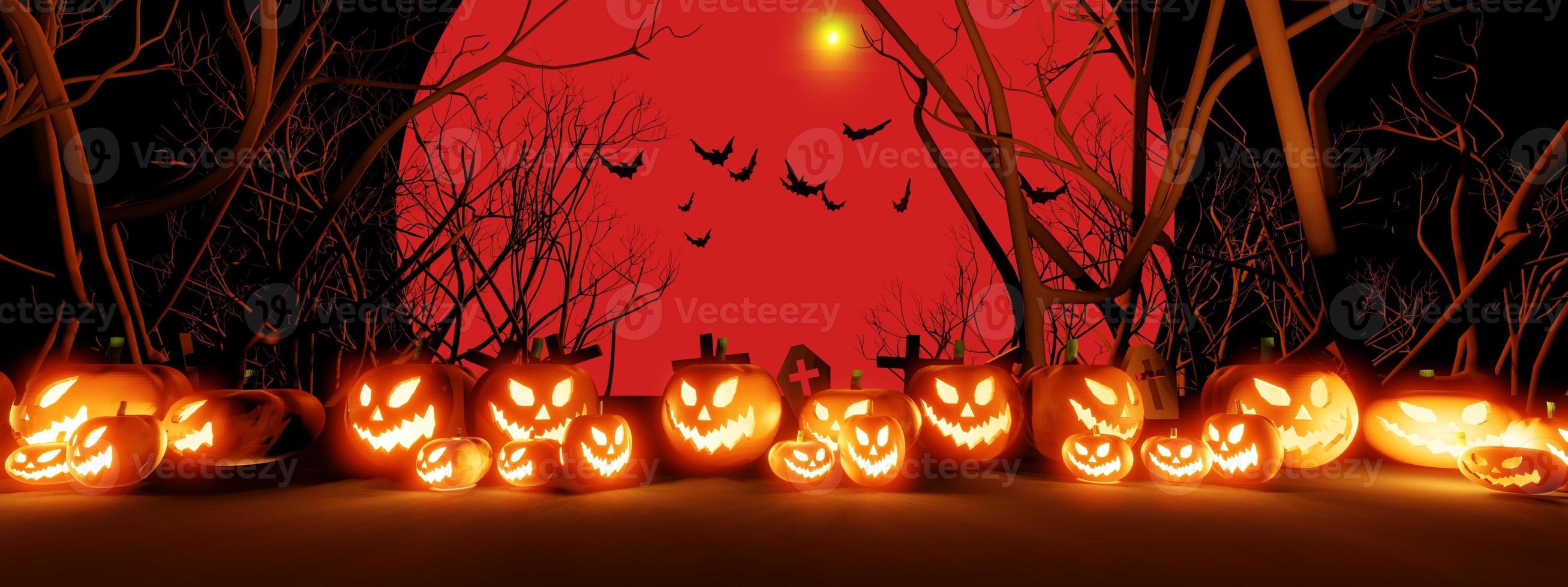 Halloween pumpkins smile and scary eyes with bats and graves backdrop. with a big blood moon, 3d render, banner. photo