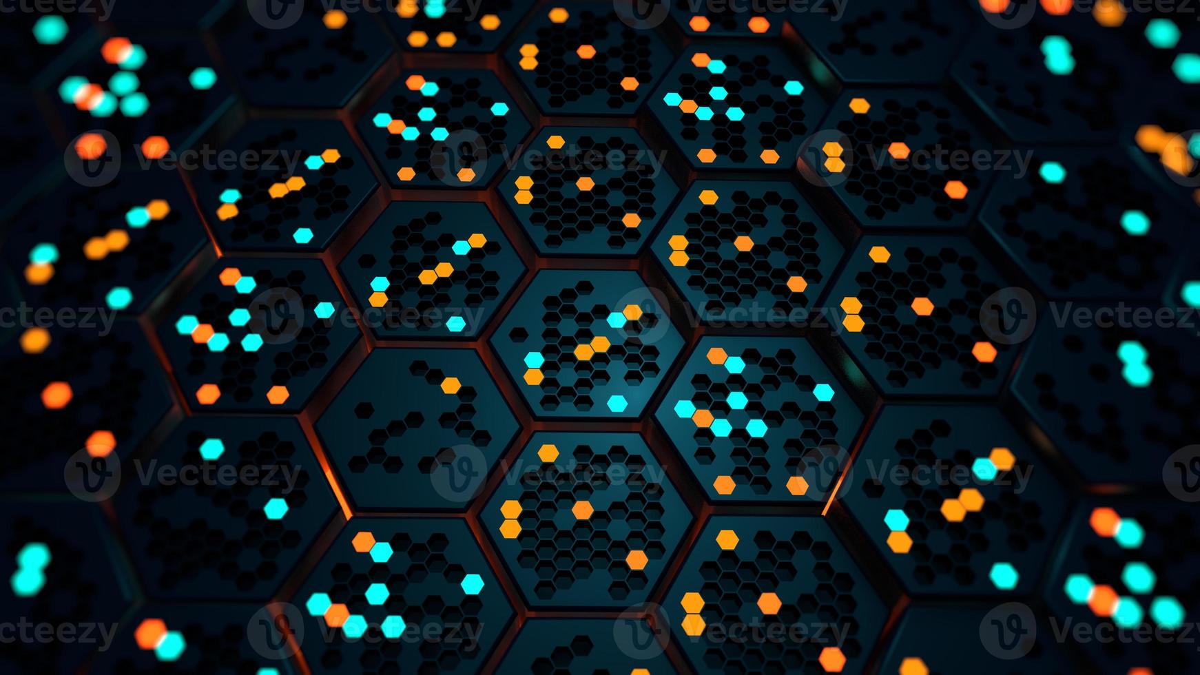 Structure of black hexagons with orange and blue lights that turn on and off randomly. 3d Illustration photo