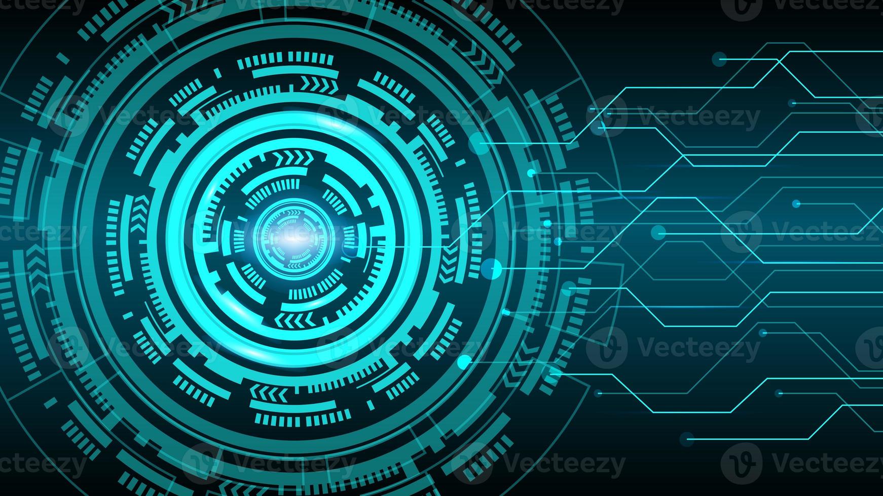 abstract design using artificial intelligence theme with circle pattern and connecting line pattern like chips, bright turquoise and black background photo