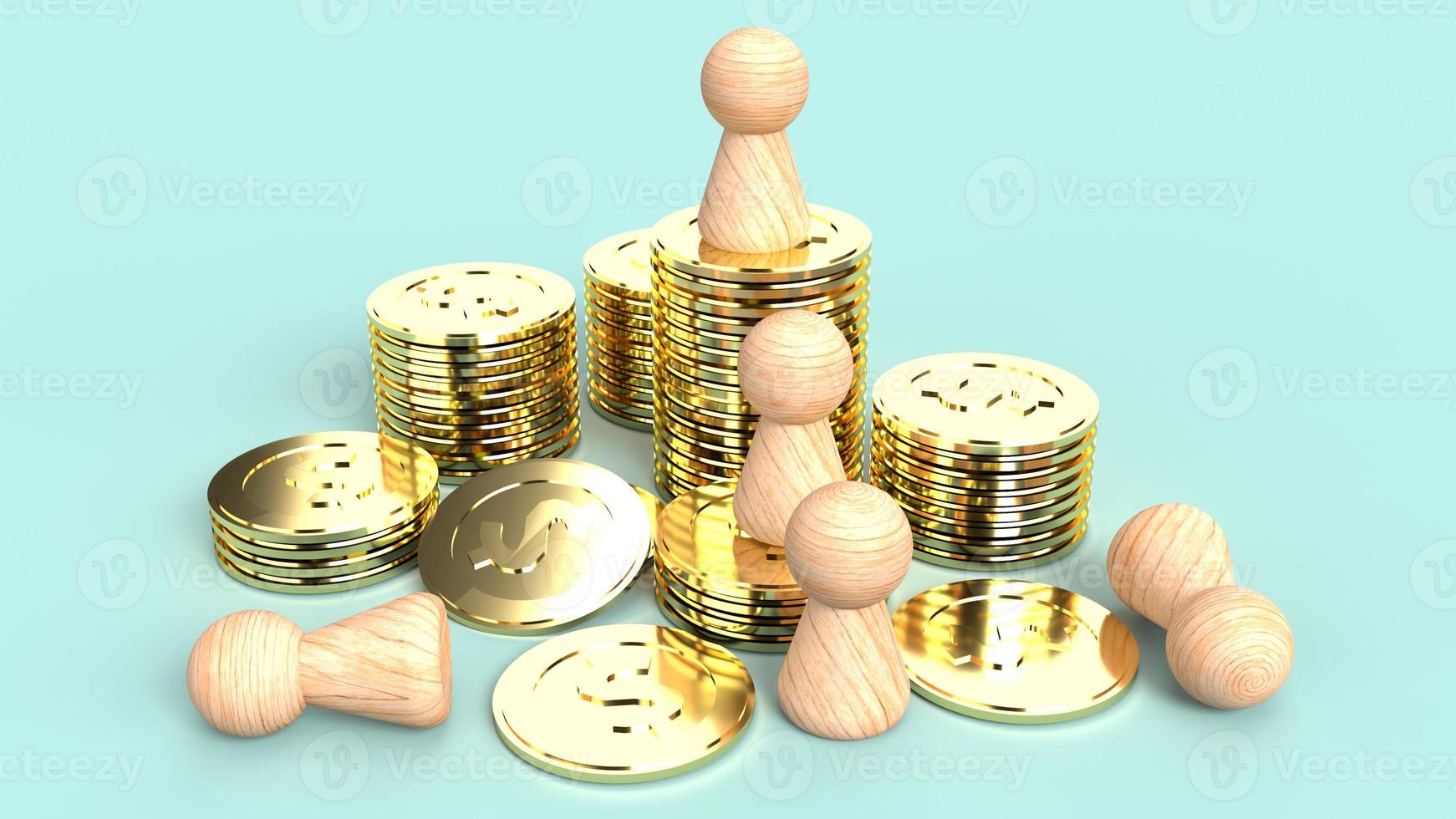 The wooden human figure gold coin 3d rendering on blue background  for business content. photo