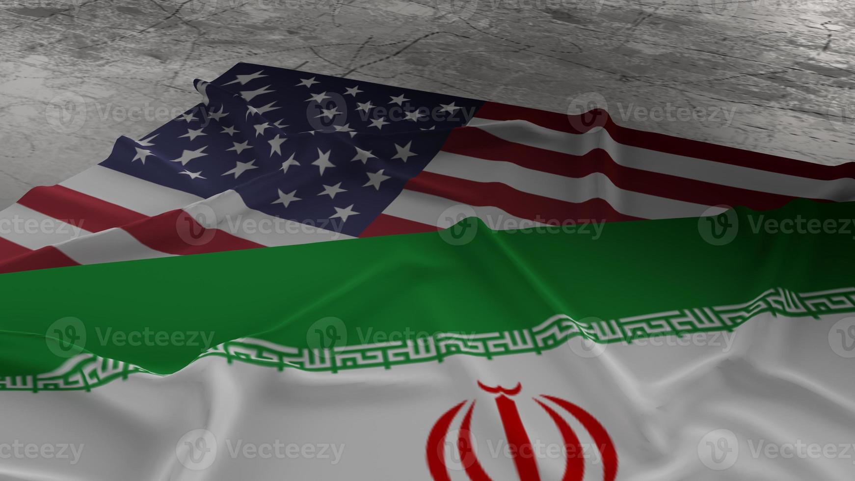 usa and Iran flags on dirty metal plate 3d rendering for negotiate content. photo