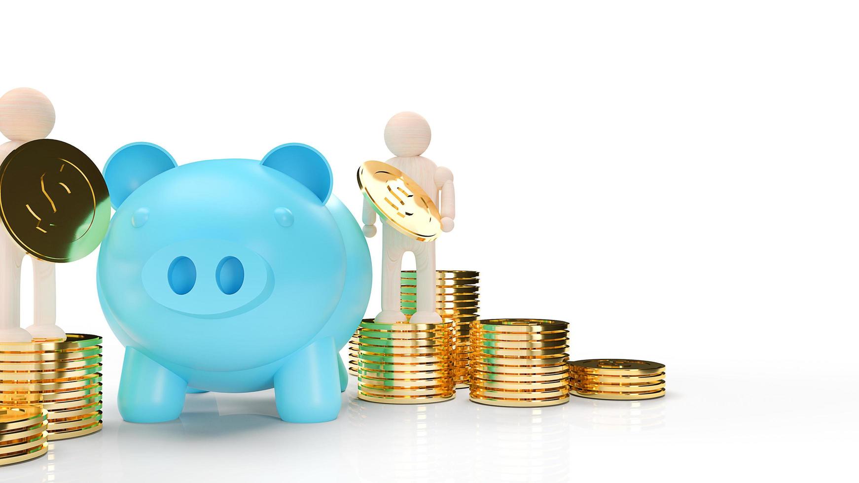 blue piggy bank and wood figure hold gold coins for business content 3d rendering. photo