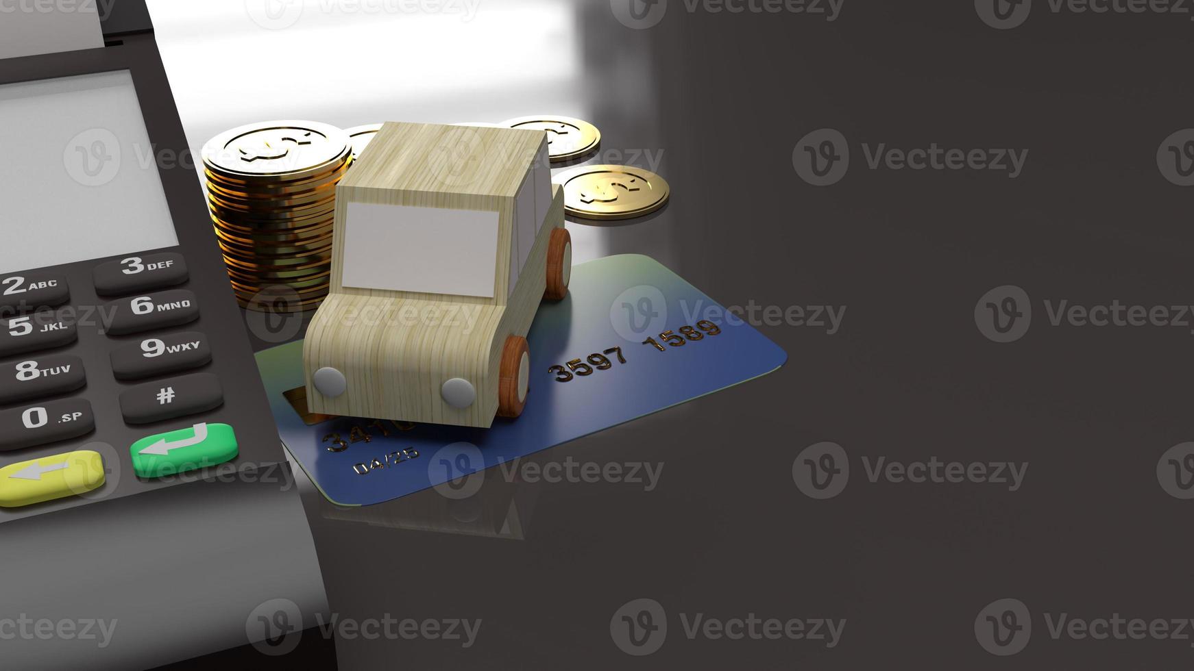 el juguete de madera del automóvil y las monedas de oro, la representación 3d de la tarjeta de crédito para el contenido del negocio del automóvil. foto