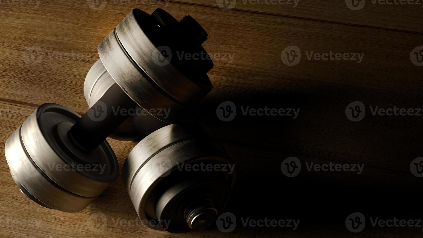 dumbbells  wood floor dark tone 3d rendering for fitnesses content. photo