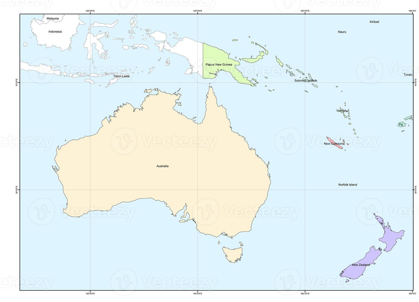 mapa administrativo de los límites del continente australiano, cada país se distingue por un área de color diferente. el mapa está diseñado con tamaño a3 y contenido de mapa completo foto