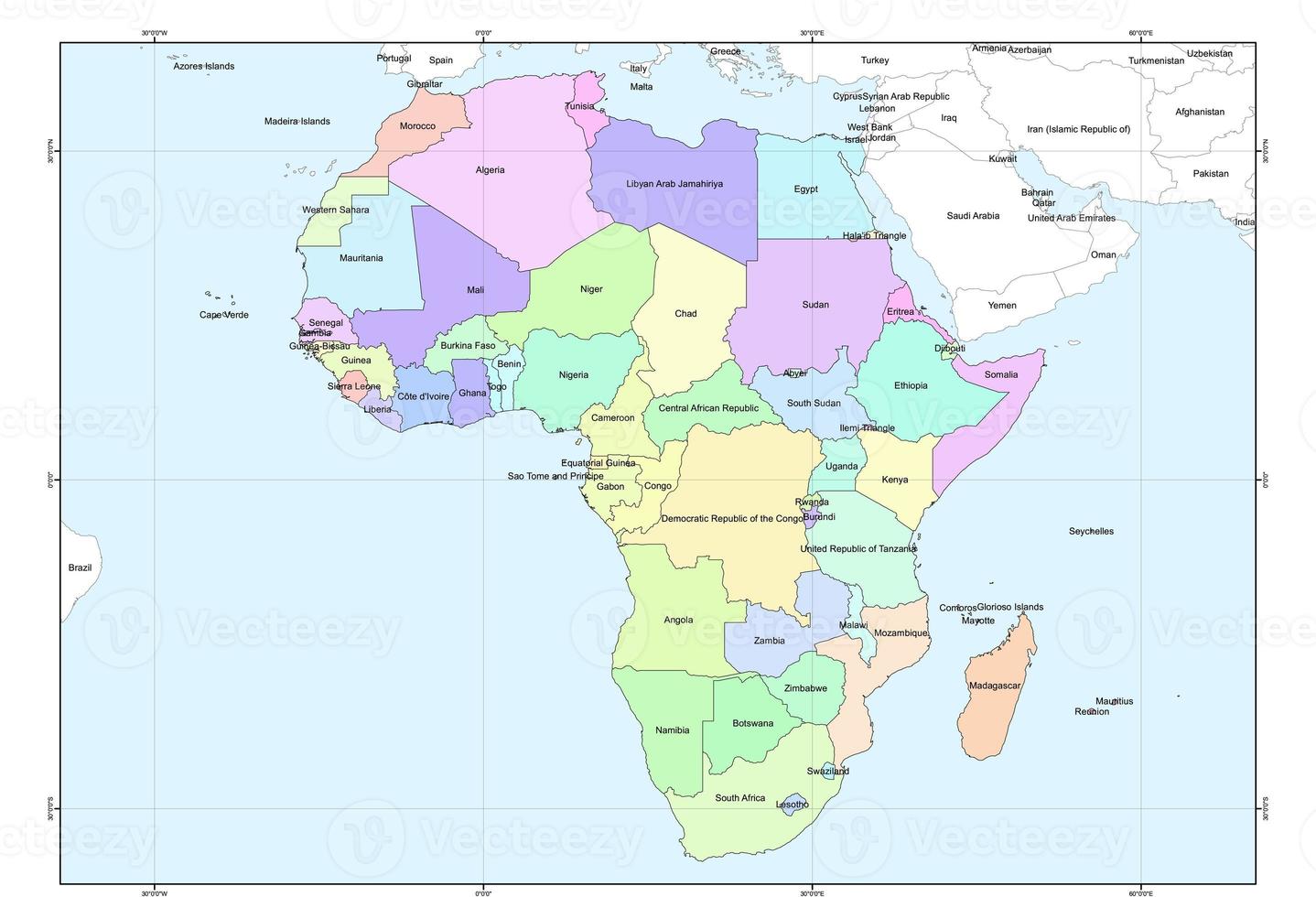 administrative map of the boundaries of the African continent, each country is distinguished by a different color area. photo