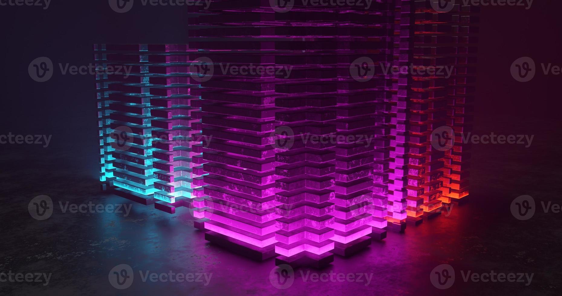 Abstract background using geometric shapes arranged like three buildings in the middle with neon colors, namely red, purple, and green. result of 3d rendering, and 4K size photo