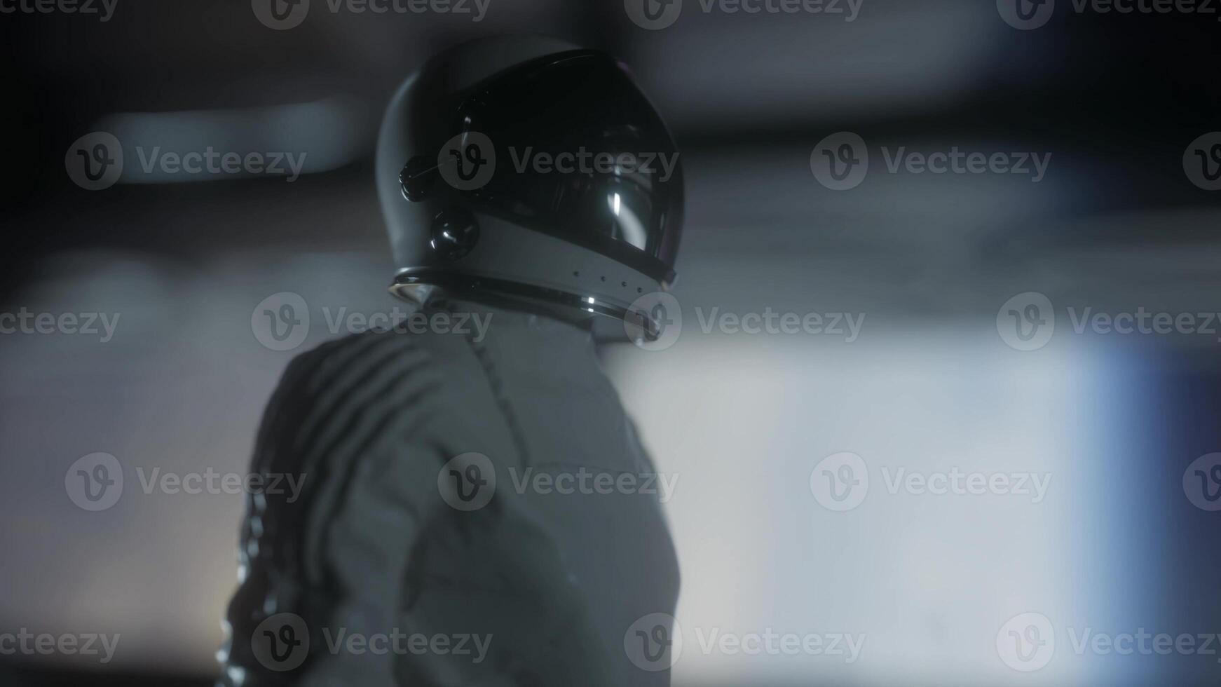 Astronaut walking in futuristic spaceship, sci-fi shuttle corridor. 3d illustration photo