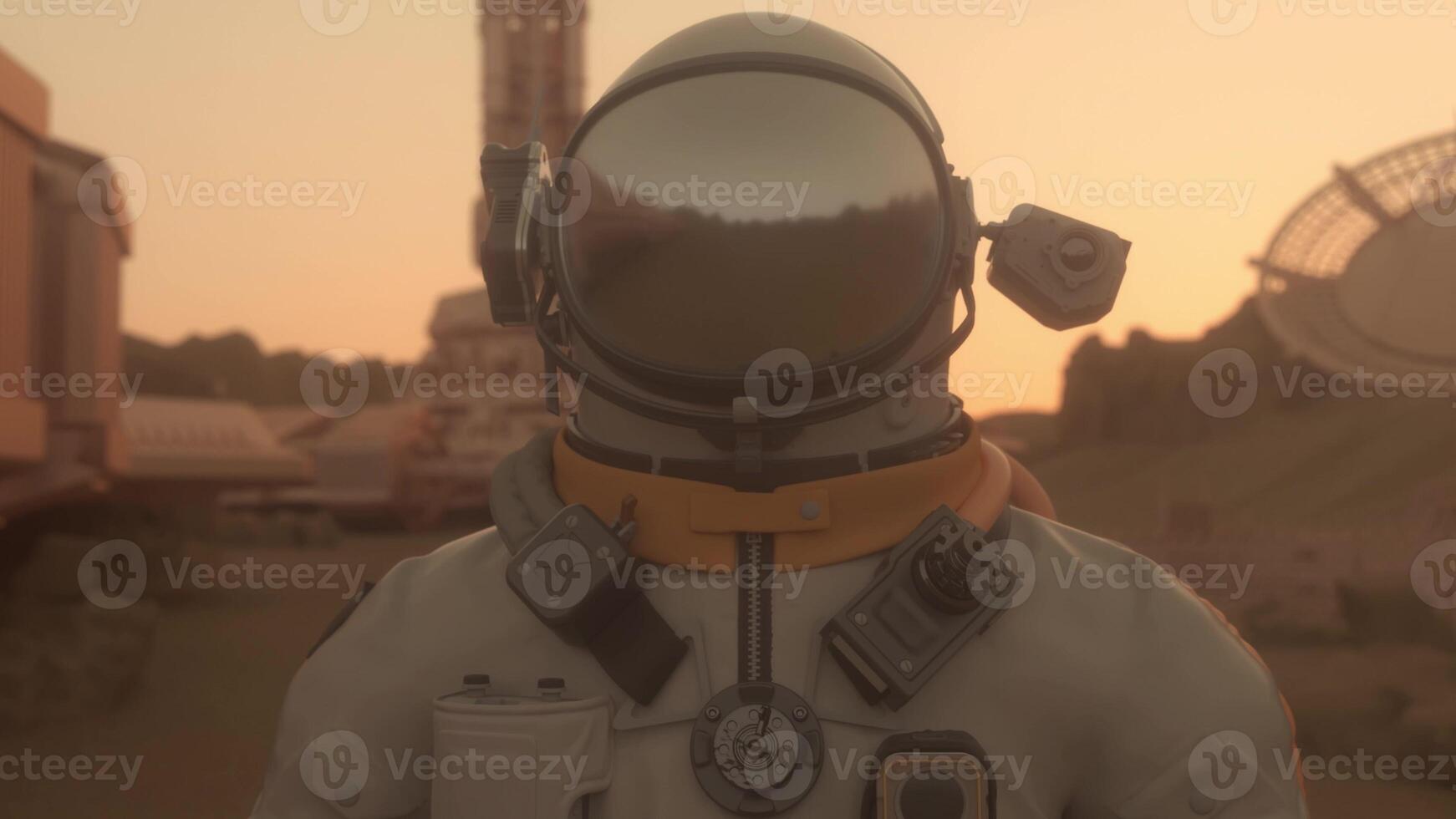 Astronaut on the planet Mars, making a detour around his base. Colonization concept. 3d illustration photo