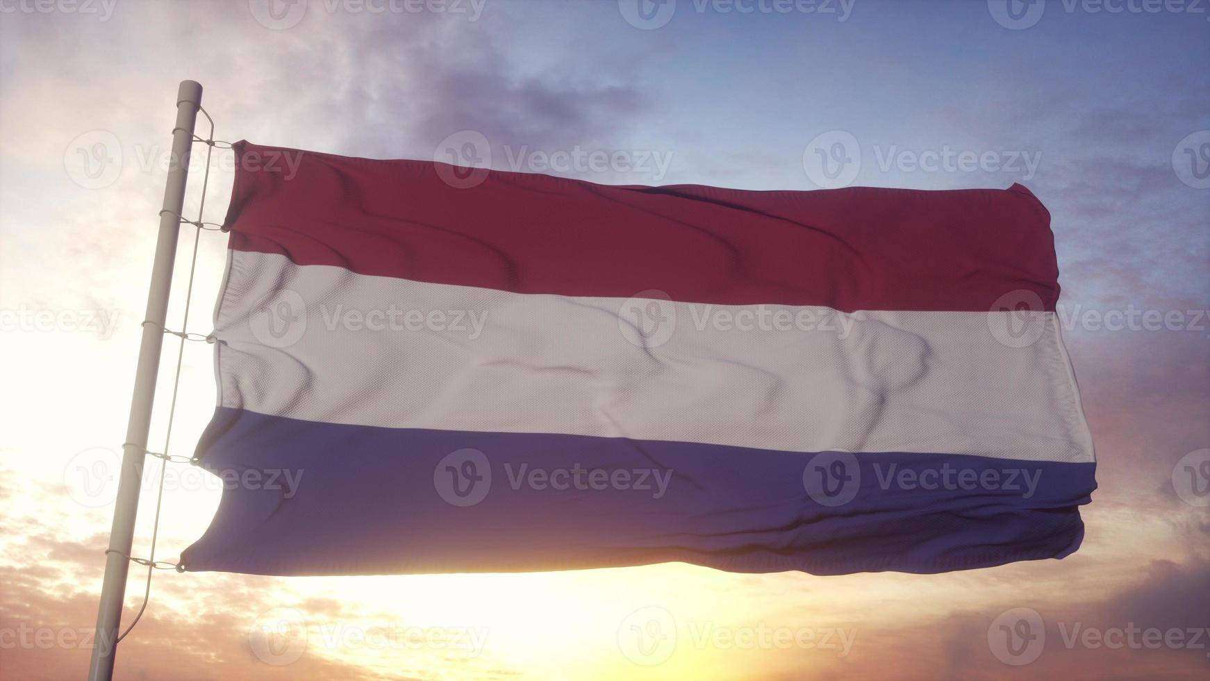 Netherlands Flag waving in the wind, sky and sun background. 3d illustration photo