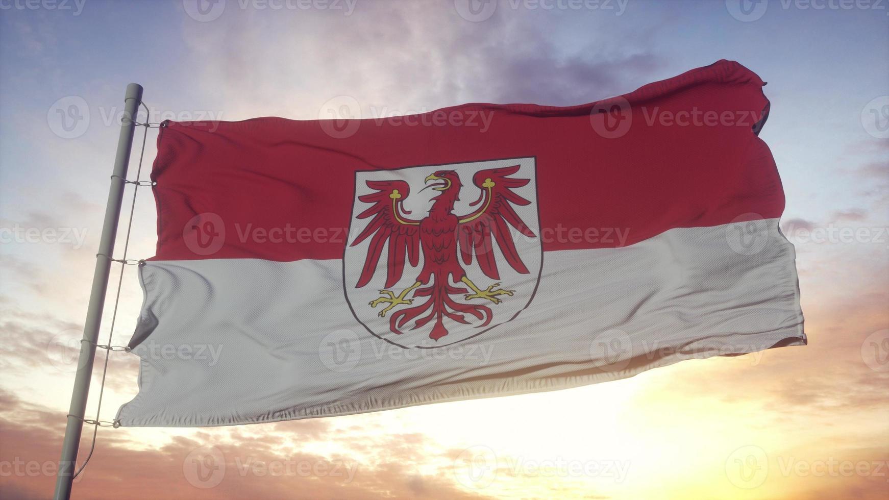 Brandenburg flag, Germany, waving in the wind, sky and sun background. 3d illustration photo