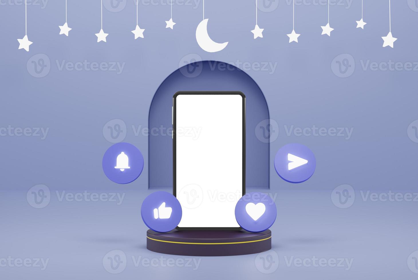 smartphone with social network icon 3d in podium in blue background with stars and crescent white color 3d illustration rendering for flyer design, banner, product business advertising and etc photo