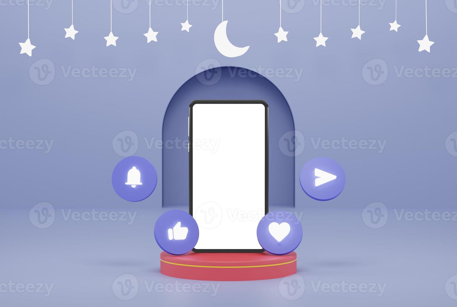 smartphone with social network icon 3d in podium in blue background with stars and crescent white color 3d illustration rendering for flyer design, banner, product business advertising and etc photo