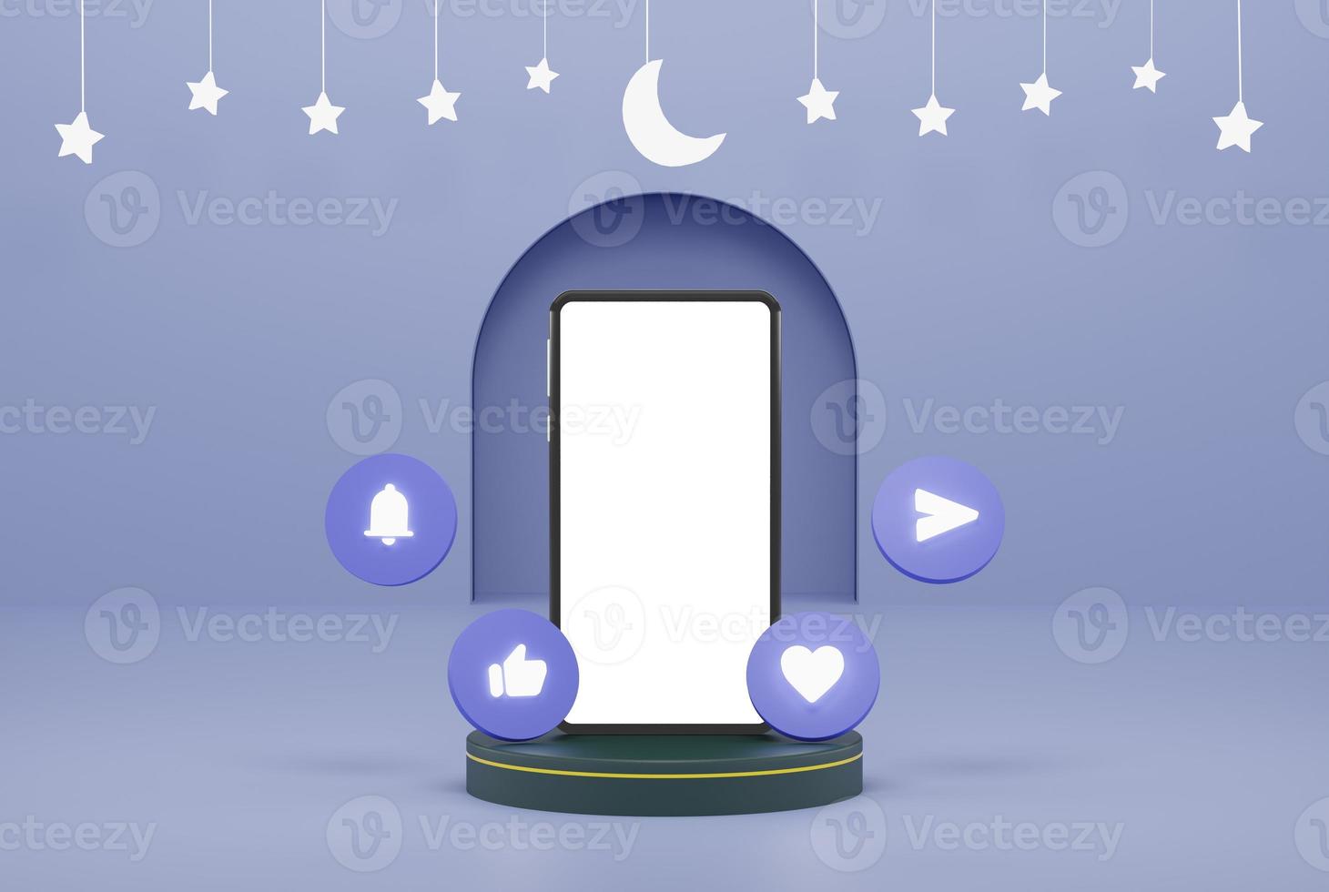 smartphone with social network icon 3d in podium in blue background with stars and crescent white color 3d illustration rendering for flyer design, banner, product business advertising and etc photo