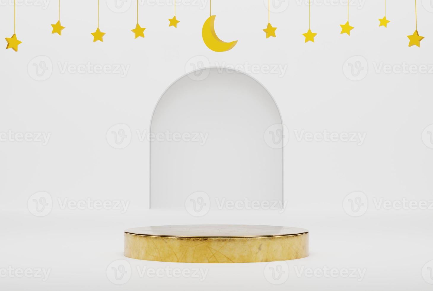 3d podium in white islamic background with stars and crescent gold color 3d illustration rendering for flyer design, banner, product business advertising and etc photo