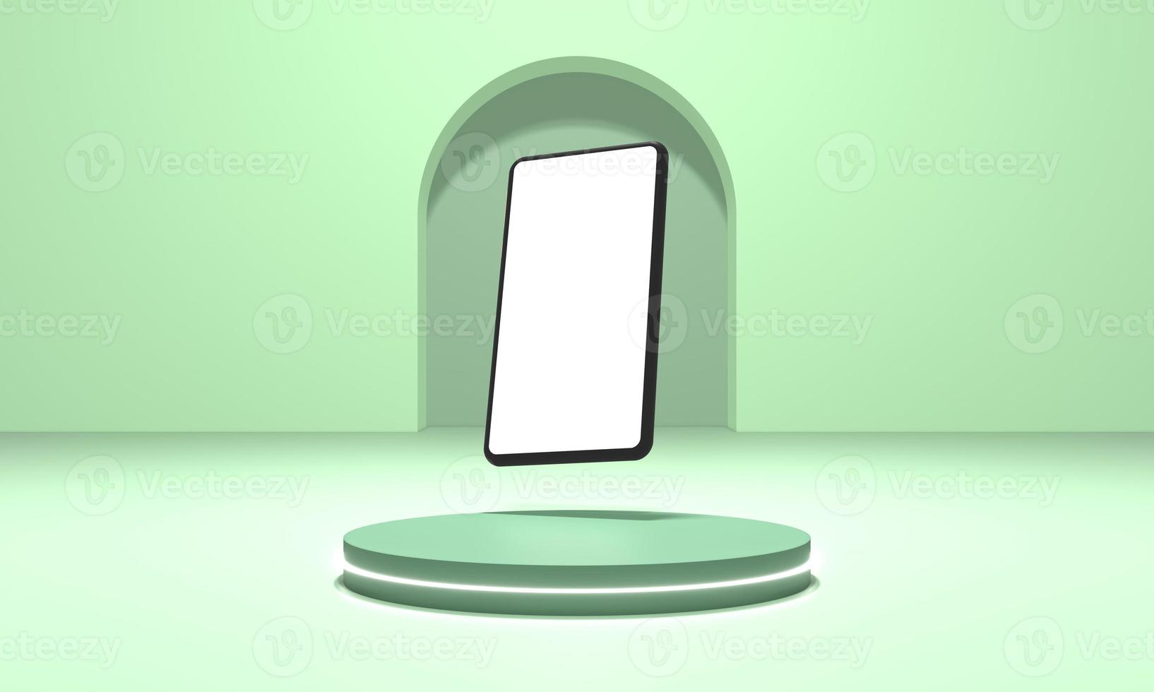 phone mockup white screen with podium neon green scene 3d illustration rendering for flyer display products, design advertising and etc photo