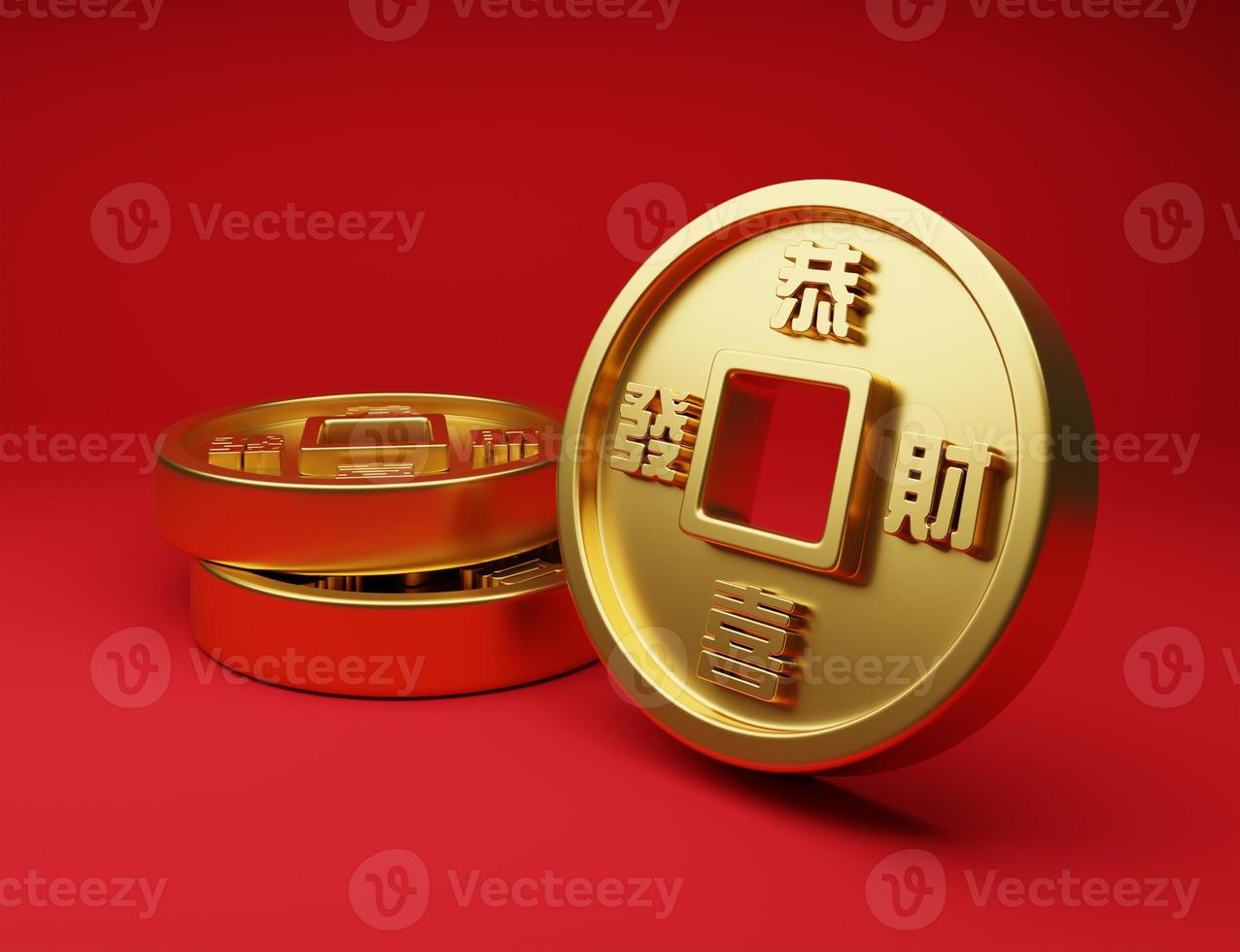 3D illustration realistic ancient gold ingot Chinese coin with square hole in centre for asian festival use on red background. photo