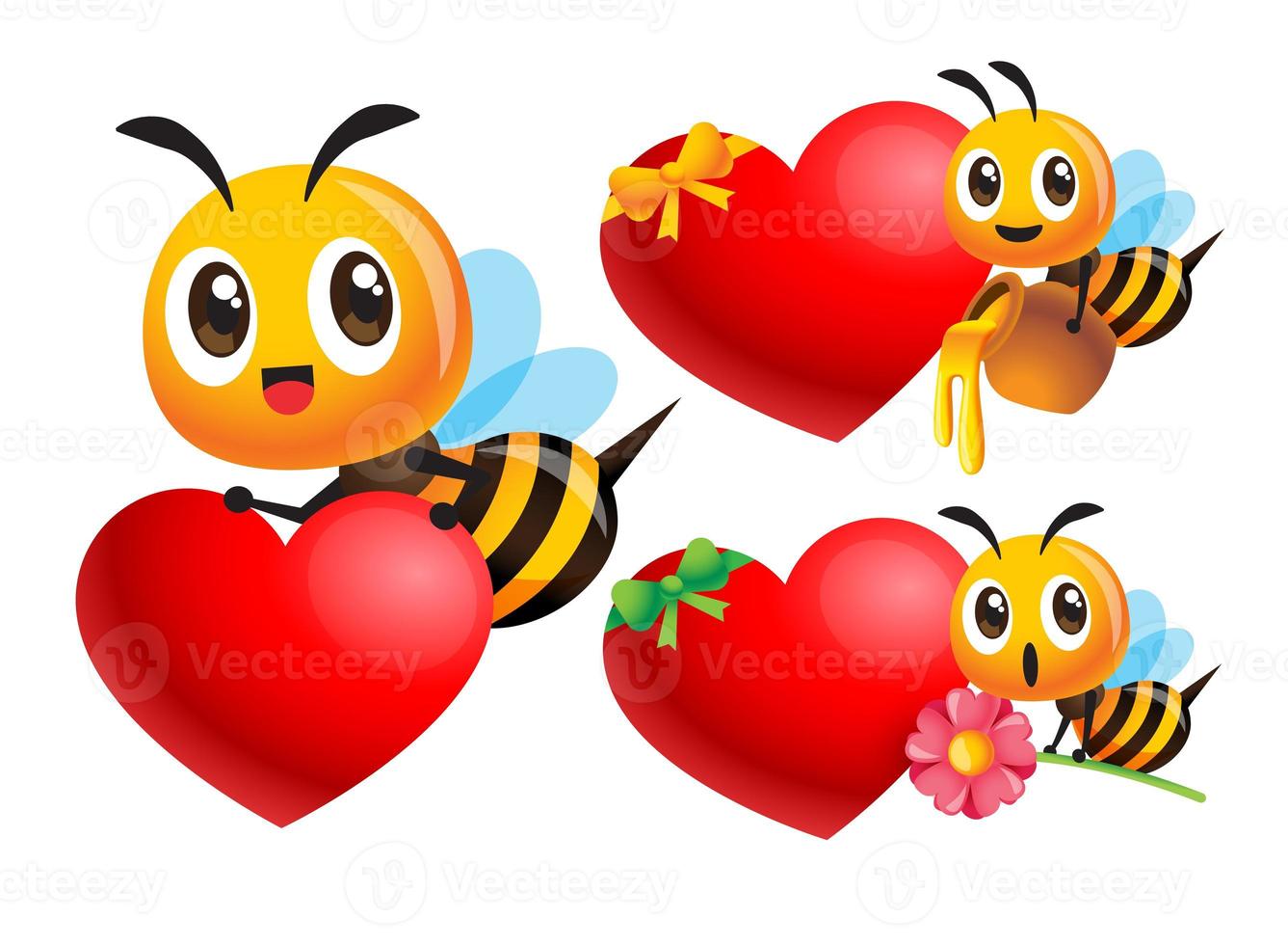 Collection of cartoon cute bee with empty heart shape signboard. Bee character holding honey pot and flower with blank love sign for mothers day and valentines day photo