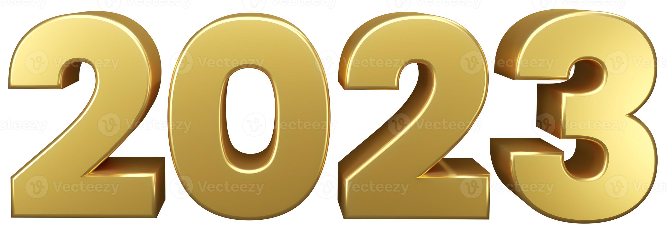 2023 Happy New Year. 3d render gold metallic sign. Realistic 3D 2023 signage for New Year celebration design photo