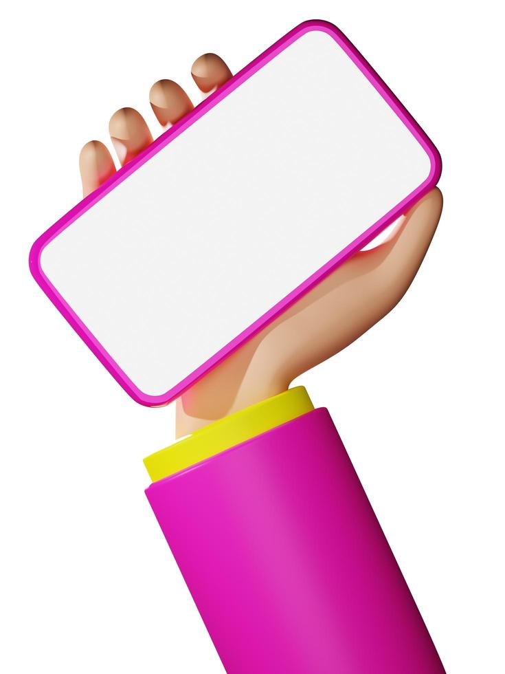 3D rendering cartoon hand with smartphone with pink business suit. Empty screen mobile phone mockup illustration photo