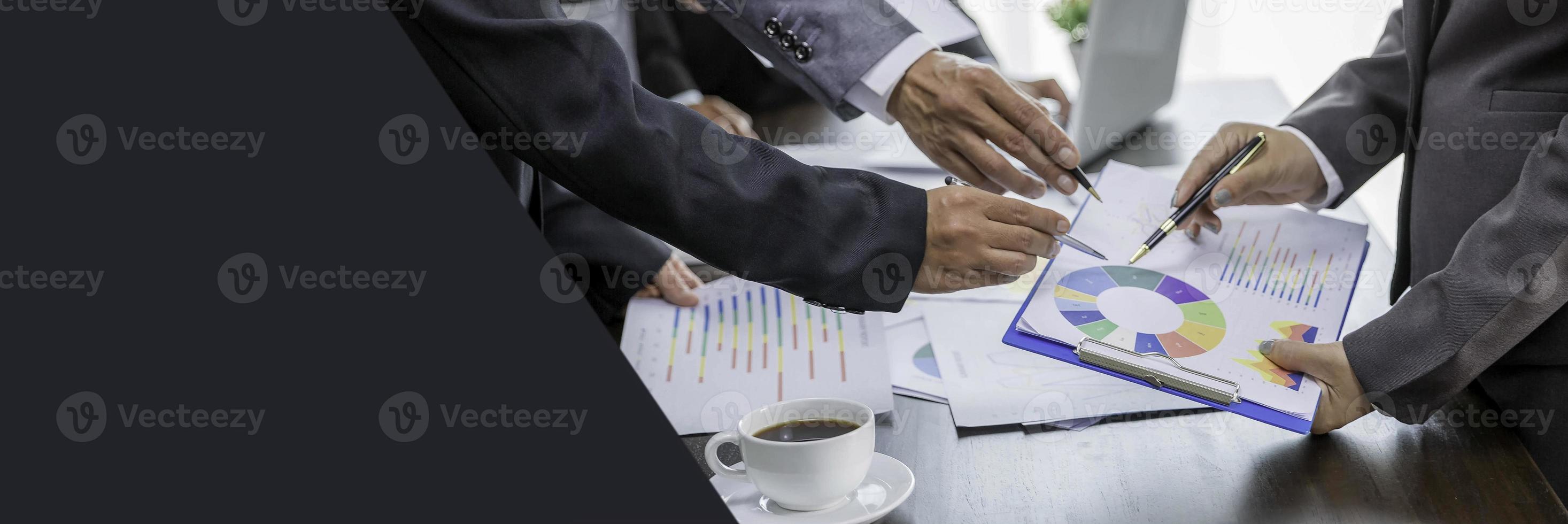 Banner of Group professional business people person working together analyze in office, work together to discuss company financial statistics report, brainstorm ideas graph datum documents on table. photo