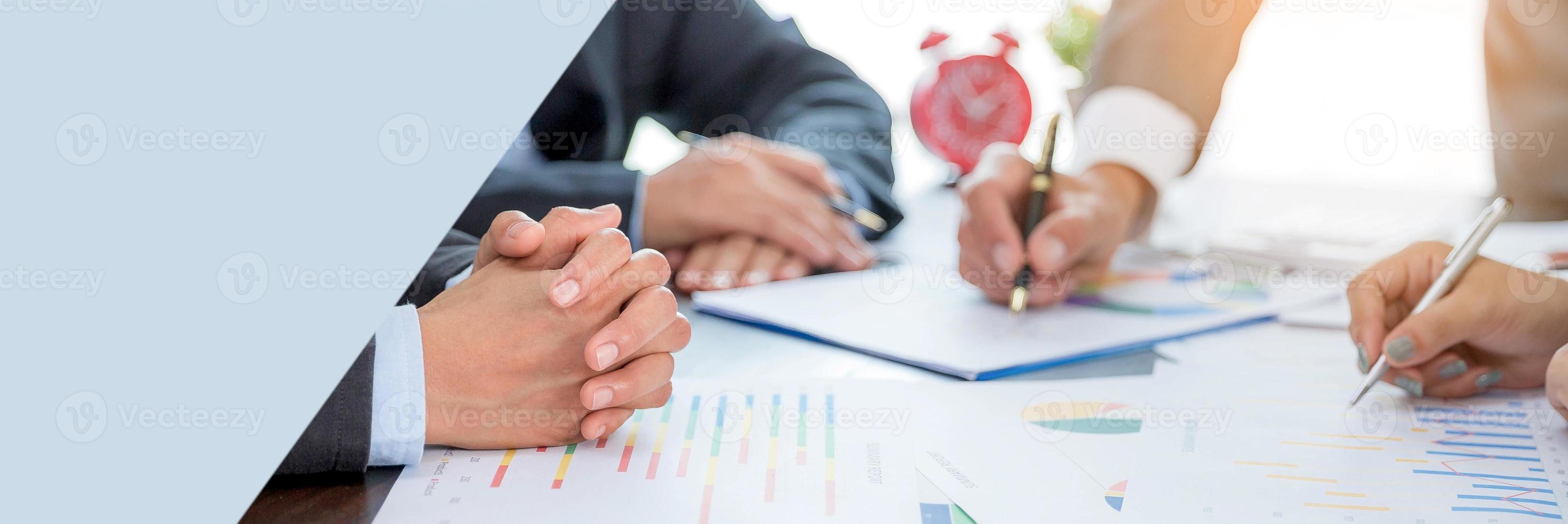 Banner of Group professional business people person working together analyze in office, work together to discuss company financial statistics report, brainstorm ideas graph datum documents on table. photo
