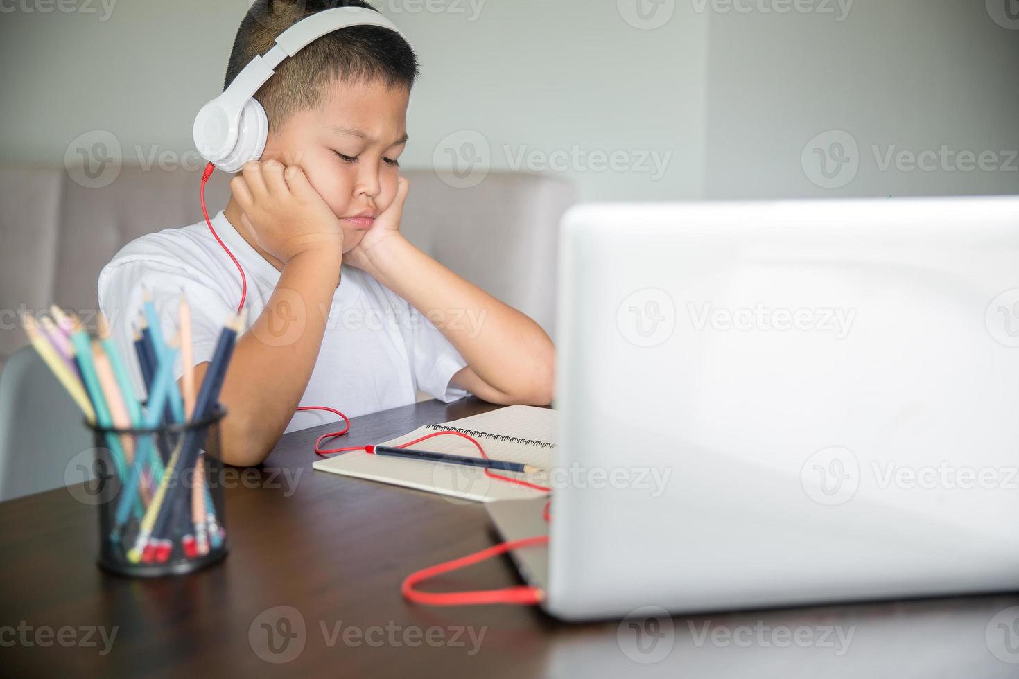 Young student distance learning virtual distance online class on video call virtual lesson, technology studying at home using laptop computer. Parent or tutor teaching child boy with remote education. photo
