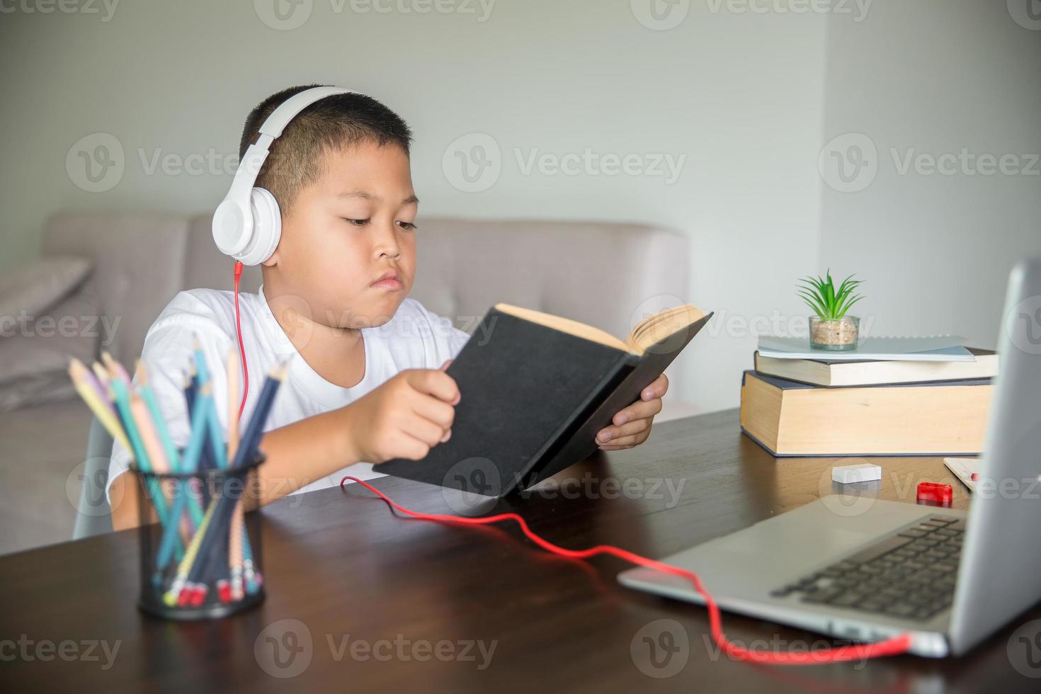 Young student distance learning virtual distance online class on video call virtual lesson, technology studying at home using laptop computer. Parent or tutor teaching child boy with remote education. photo