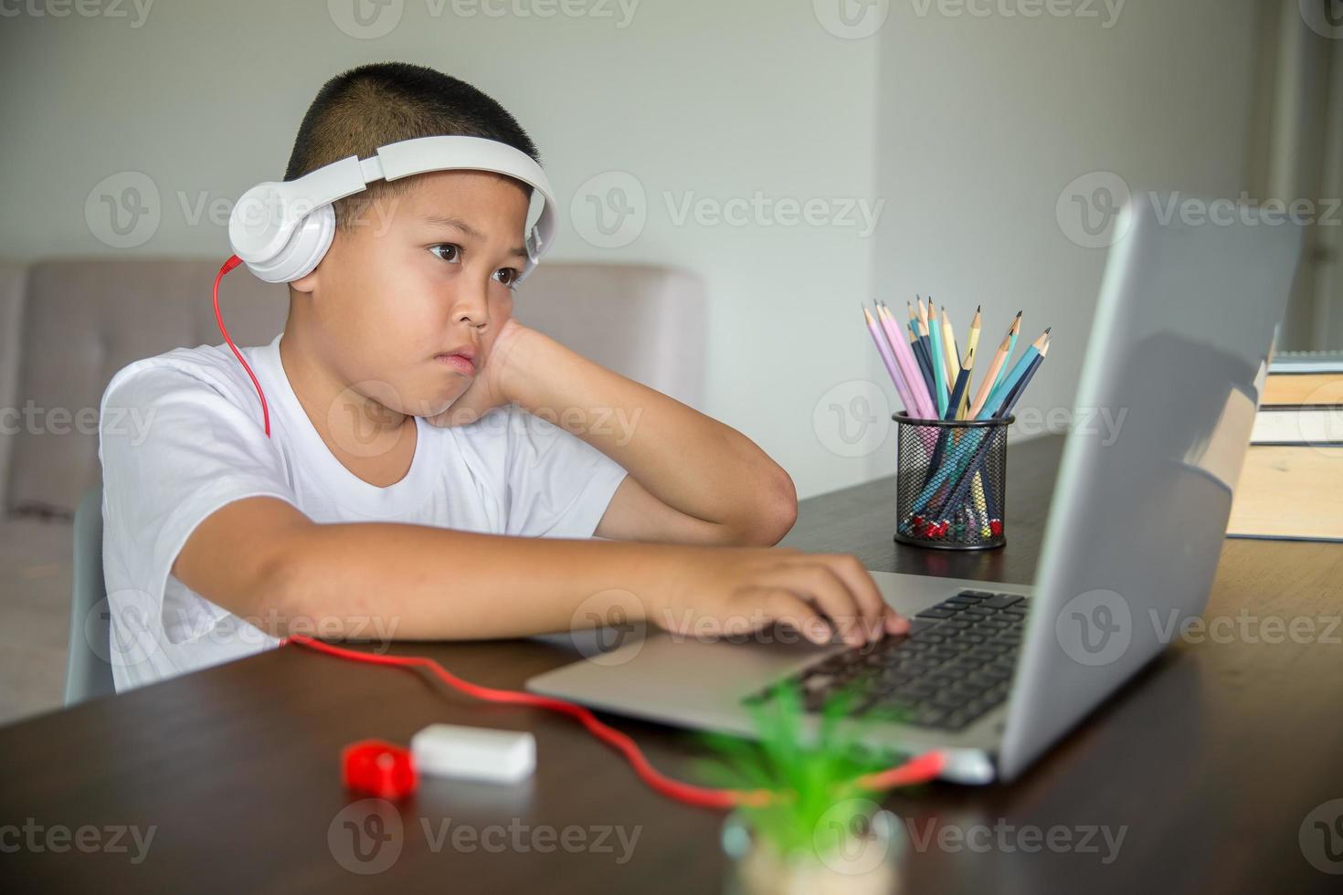 Young student distance learning virtual distance online class on video call virtual lesson, technology studying at home using laptop computer. Parent or tutor teaching child boy with remote education. photo
