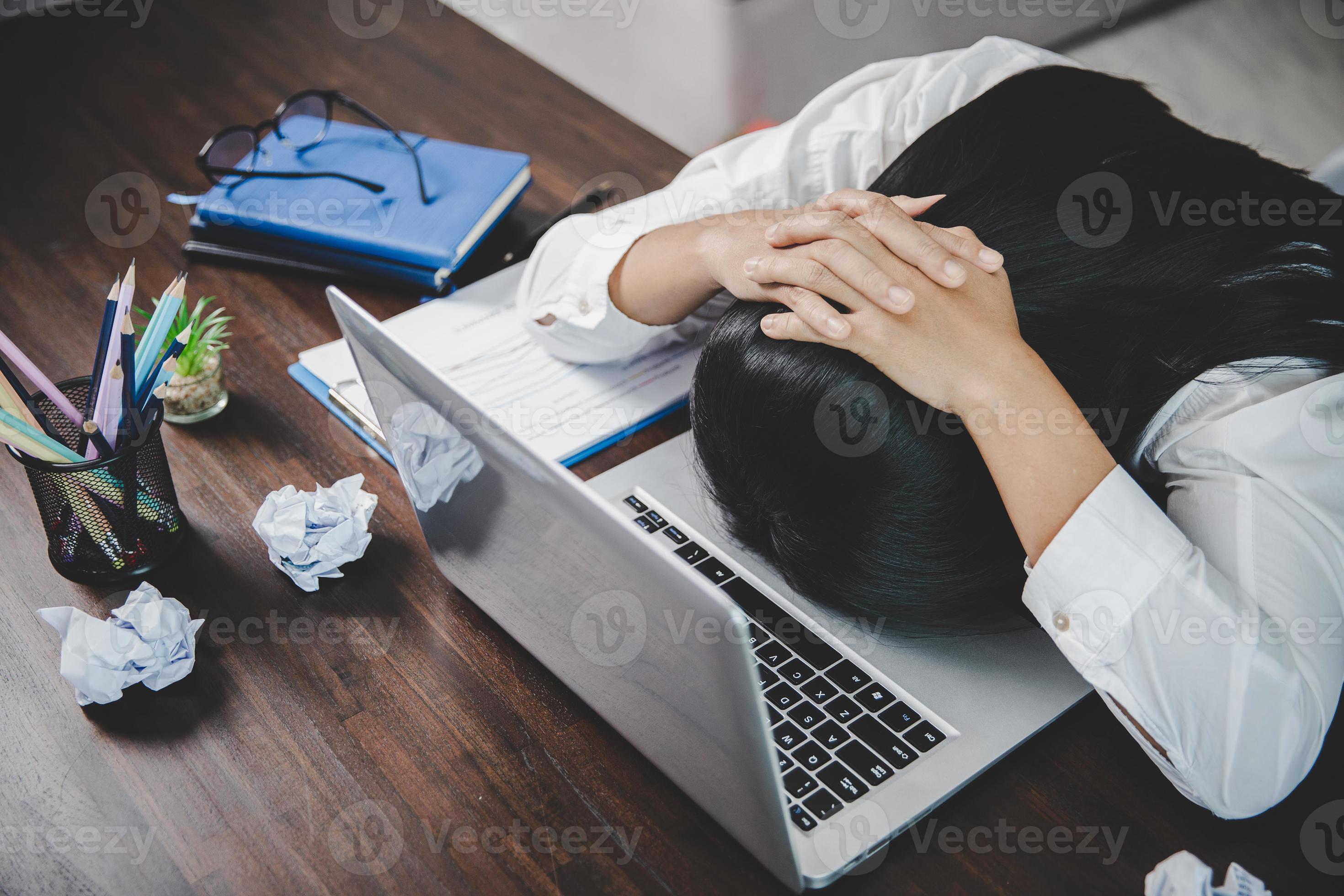 Stress business woman person from hard work, depression in office