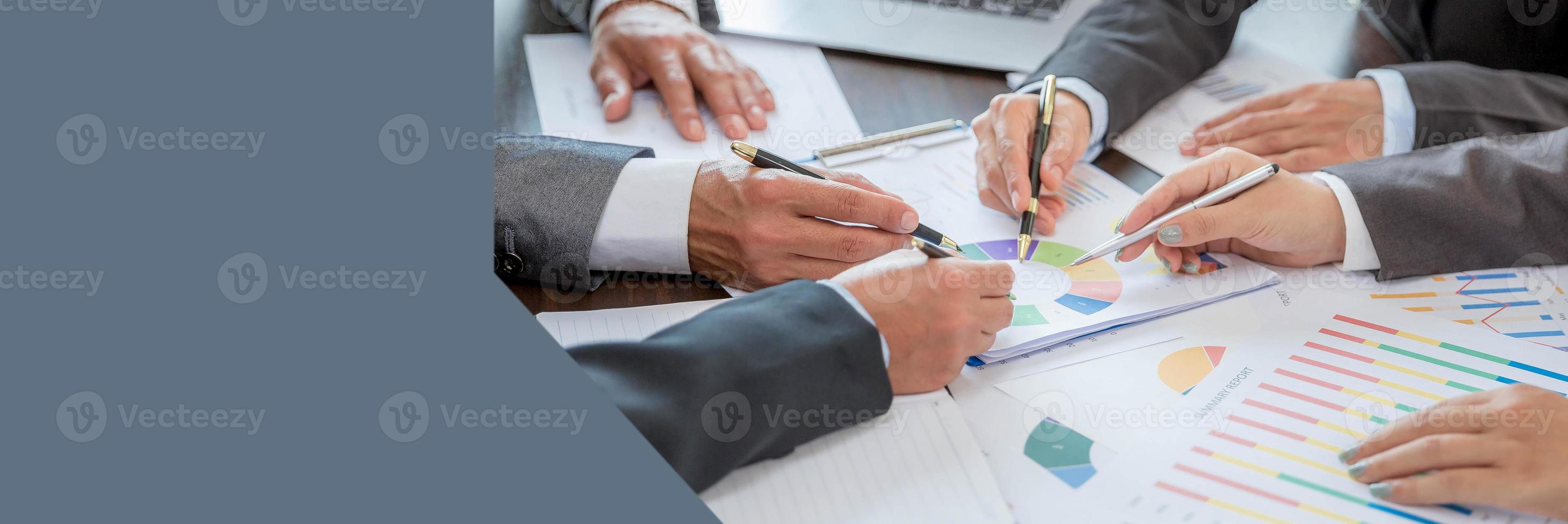 Banner of Group professional business people person working together analyze in office, work together to discuss company financial statistics report, brainstorm ideas graph datum documents on table. photo
