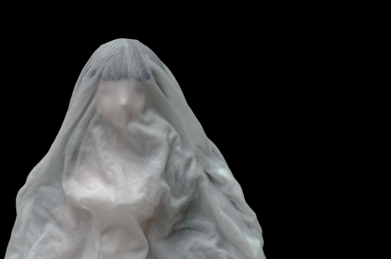 Long black hair doll cover with white sheet drown in water on dark background. Minimal Halloween scary concept. photo