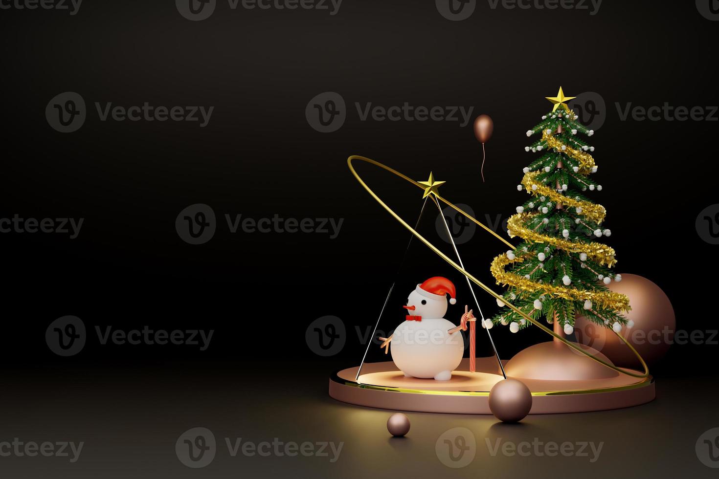árbol de navidad con muñeco de nieve y adornos en composición negra para sitio web o afiche o tarjetas de felicidad, pancarta de navidad y año nuevo festivo, ilustración 3d realista o presentación 3d foto
