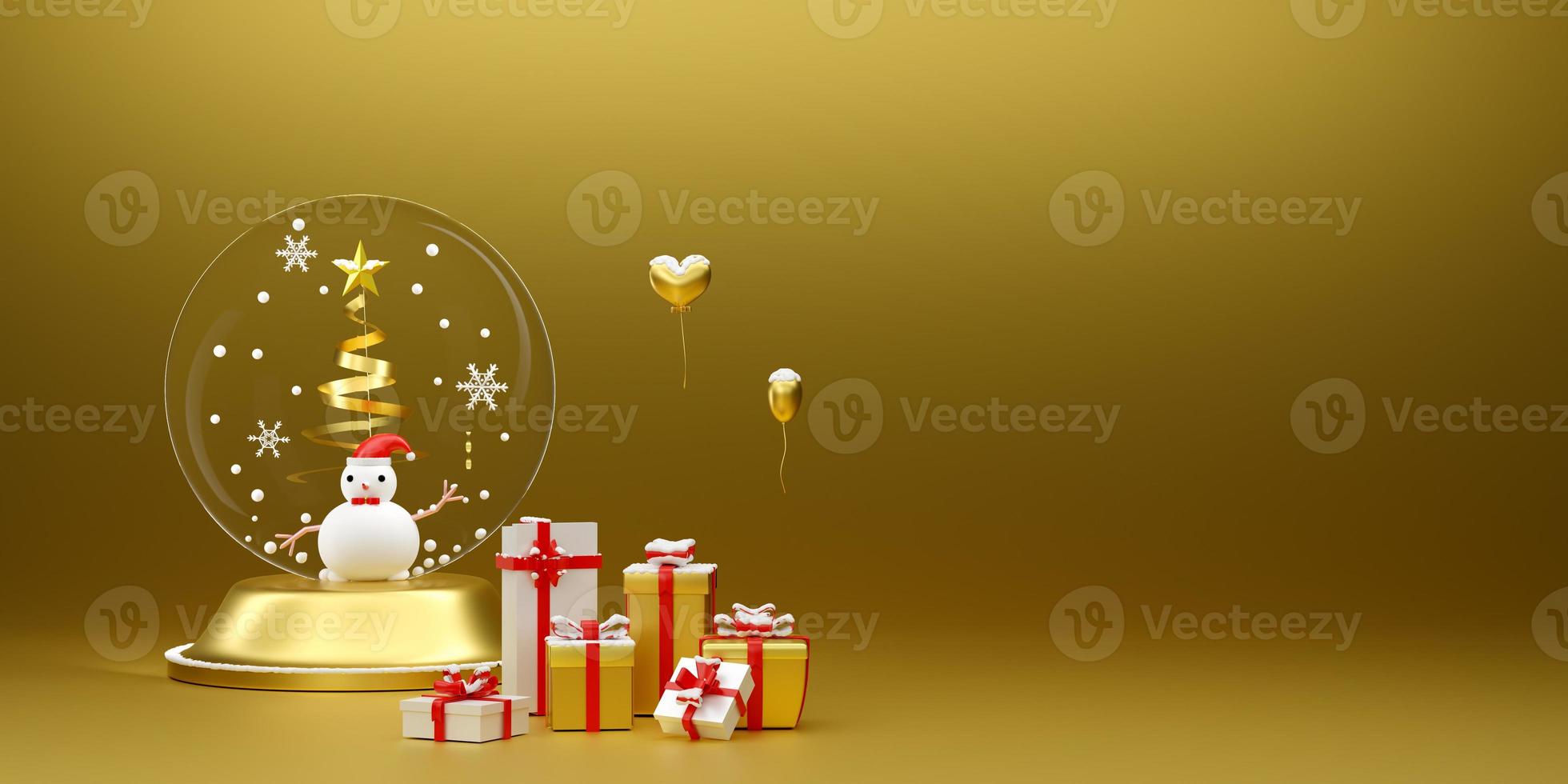 snow globe and Christmas tree with snow man and Gift box in Gold composition for modern stage display and minimalist mockup ,Concept Christmas and a festive New Year, 3d illustration or 3d render photo