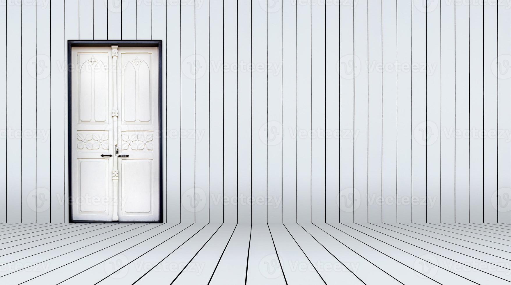 empty room with white door and wooden wall photo