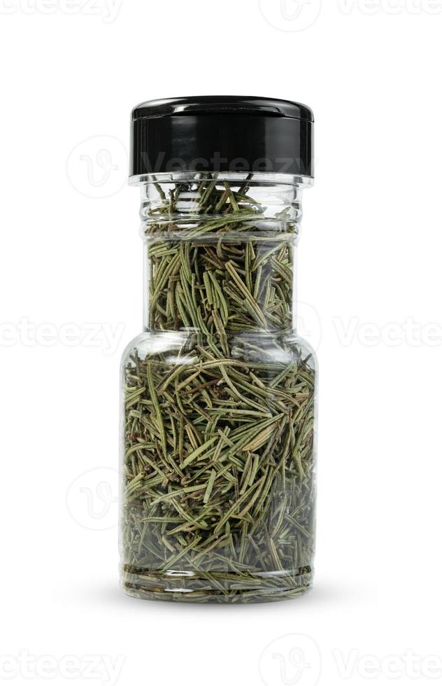 Dry rosemary in plastic bottle isolated on white background ,include clipping path photo