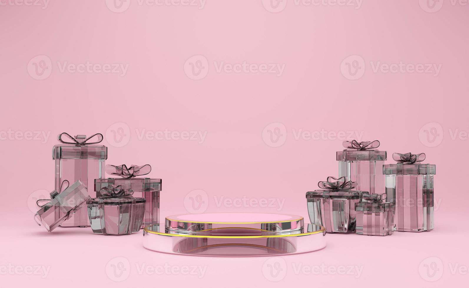 podium empty with geometric shapes and gift box in pink pastel composition for modern stage display and minimalist mockup ,abstract showcase background ,Concept 3d illustration or 3d render photo