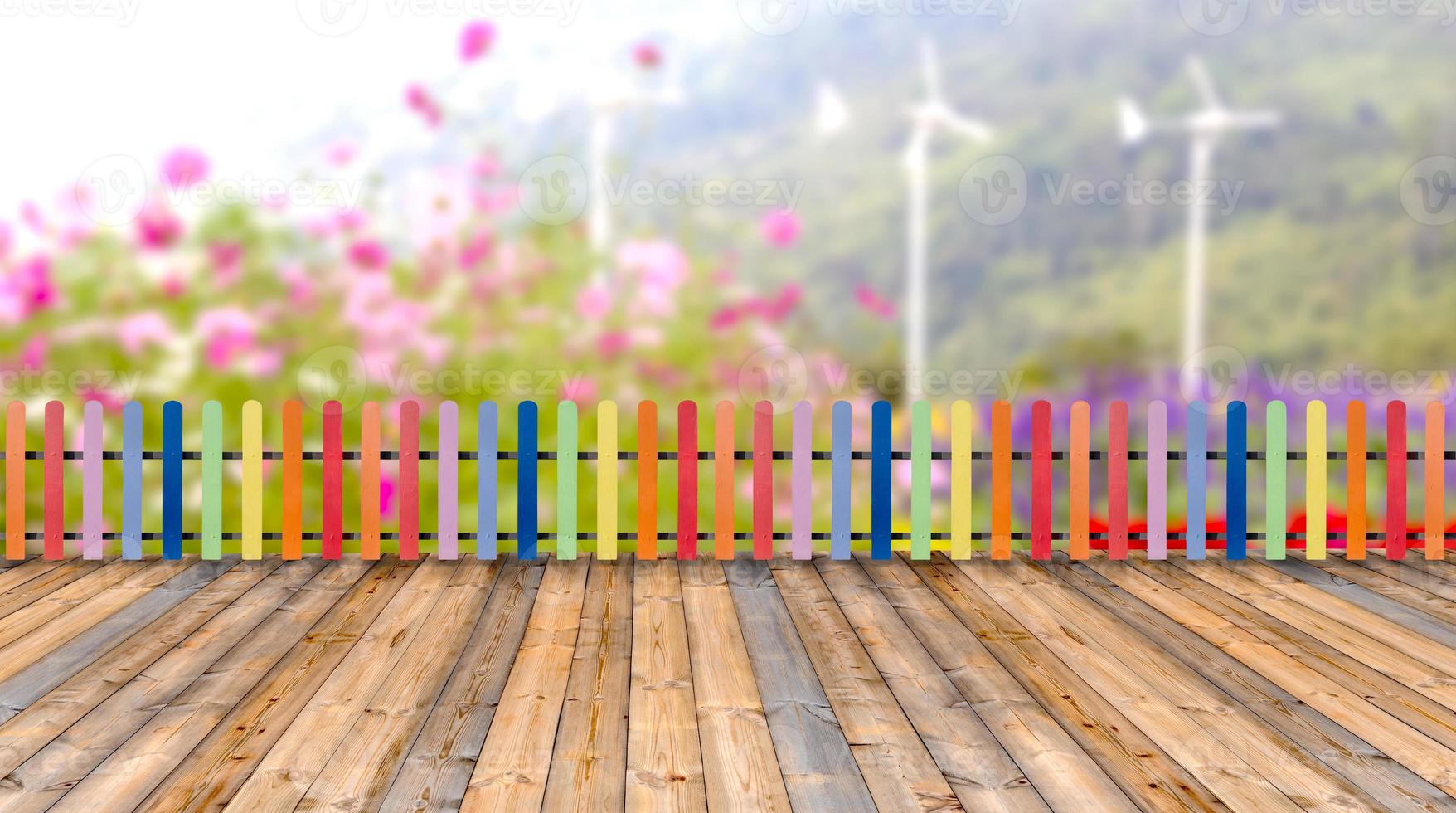 Varicolored wooden fence and floor wood with morning landscape photo