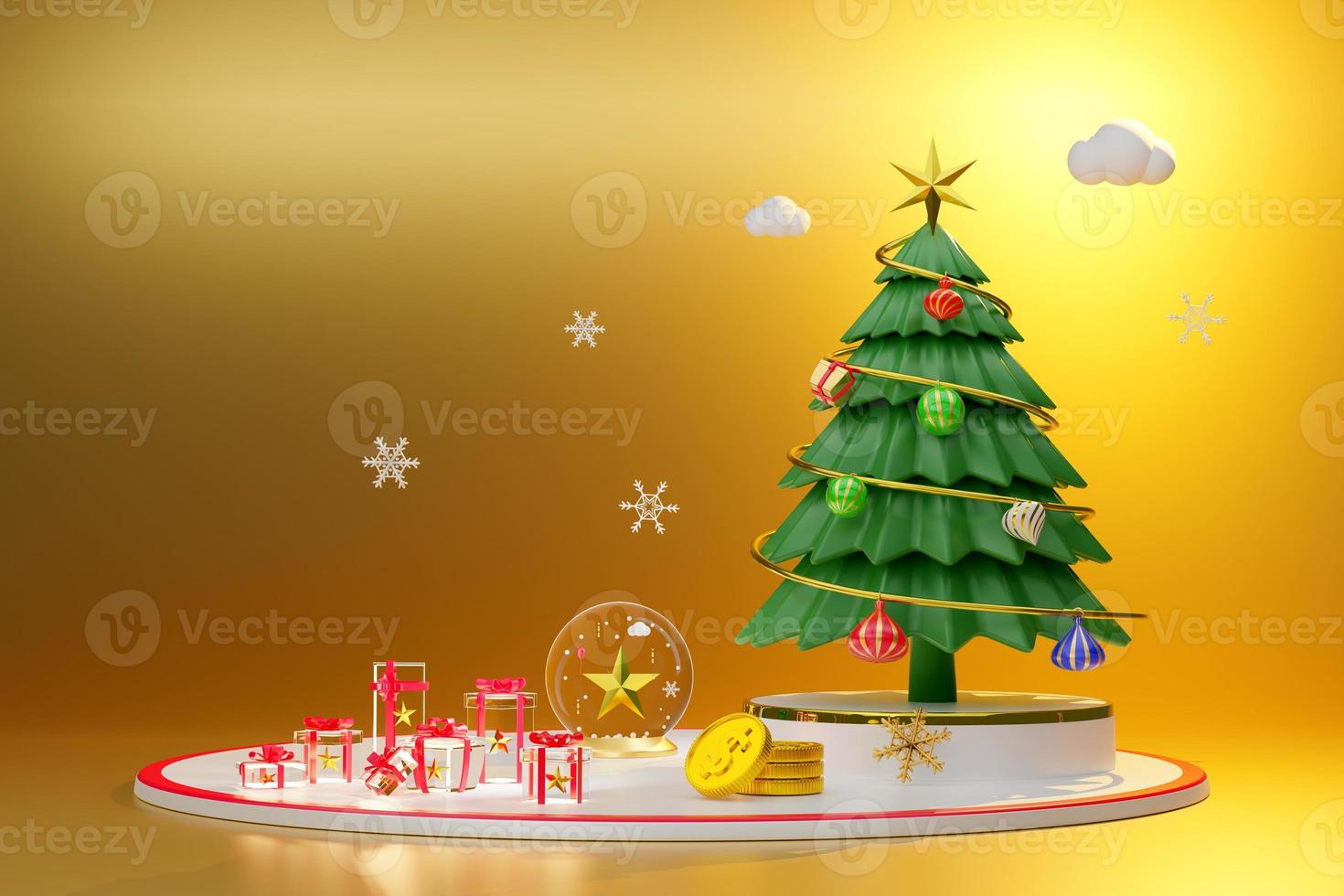 snow globe and Christmas tree with snow flakes and ornaments in Gold composition for modern stage display and minimalist mockup ,Concept Christmas and a festive New Year, 3d illustration or 3d render photo