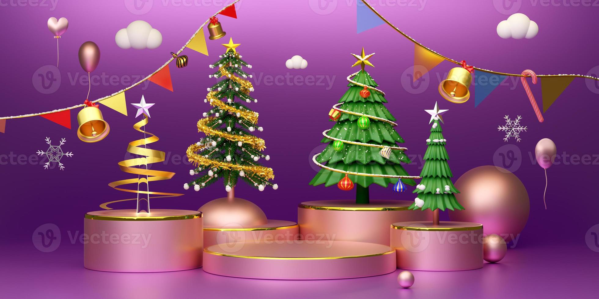 podio vacío con árbol de navidad y adornos en composición púrpura o violeta para sitio web o afiche o tarjetas de felicidad, pancarta navideña y año nuevo festivo, ilustración 3d realista o presentación 3d foto