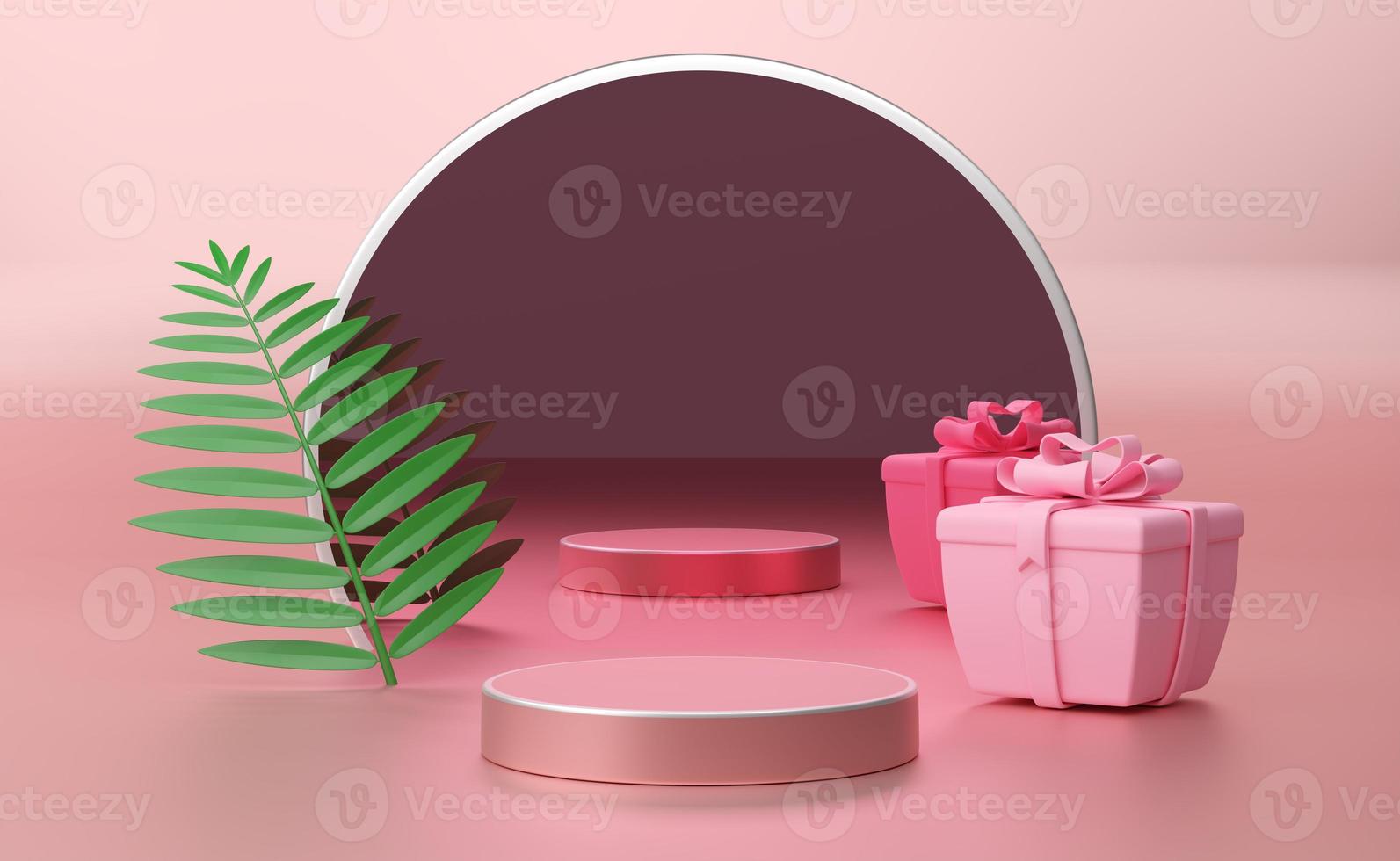 podium empty with geometric shapes in pink pastel composition for modern stage display and minimalist mockup ,abstract showcase background ,Concept 3d illustration or 3d render photo