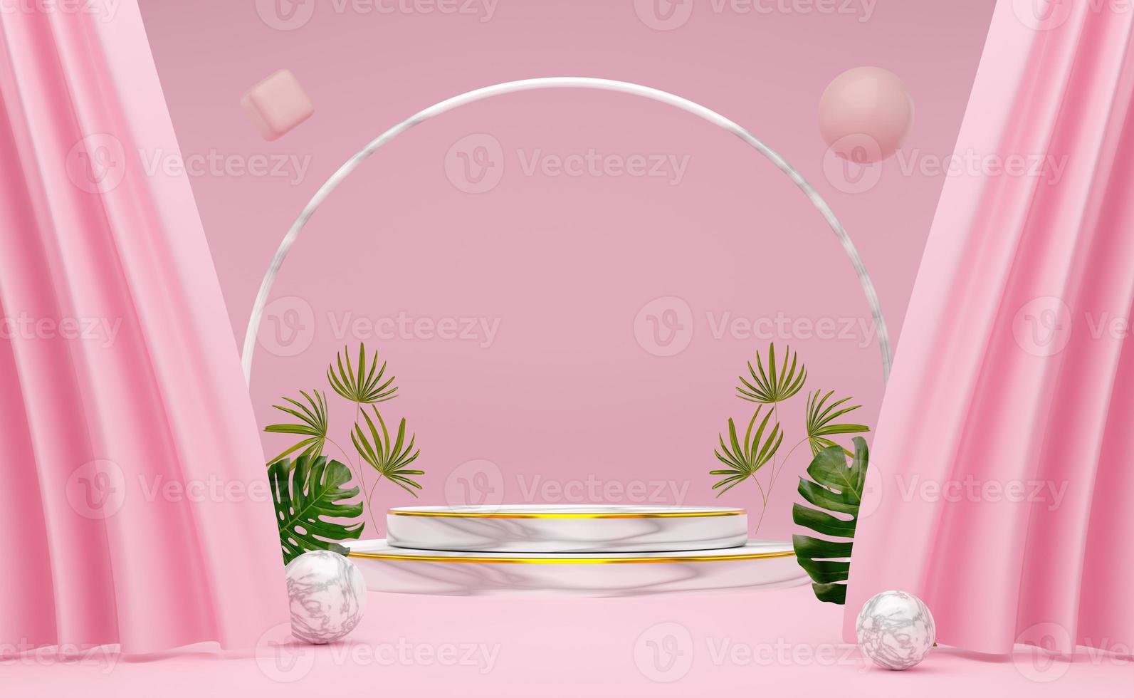 podio vacío con formas geométricas y cortina en composición rosa pastel para exhibición de escenario moderno y maqueta minimalista, fondo de escaparate abstracto, ilustración conceptual 3d o renderizado 3d foto