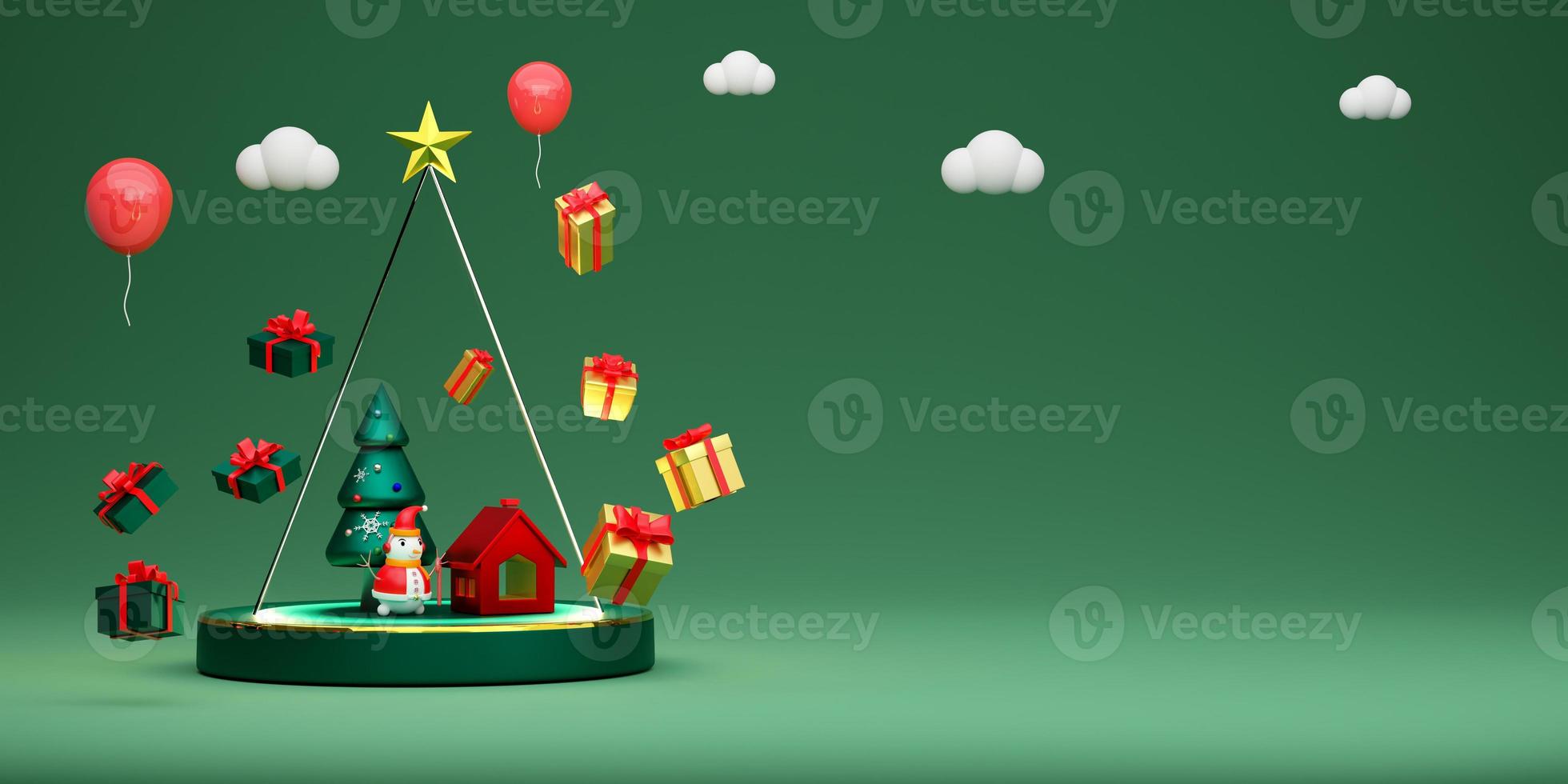 Podium and Gift box  with Christmas tree in green composition for website or poster or Happiness cards,Christmas banner and festive New Year, realistic 3d illustration or 3d render photo