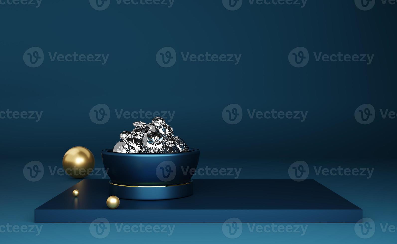 podium empty with diamond and geometric shapes in blue composition for modern stage display and minimalist mockup ,abstract showcase background ,Concept 3d illustration or 3d render photo
