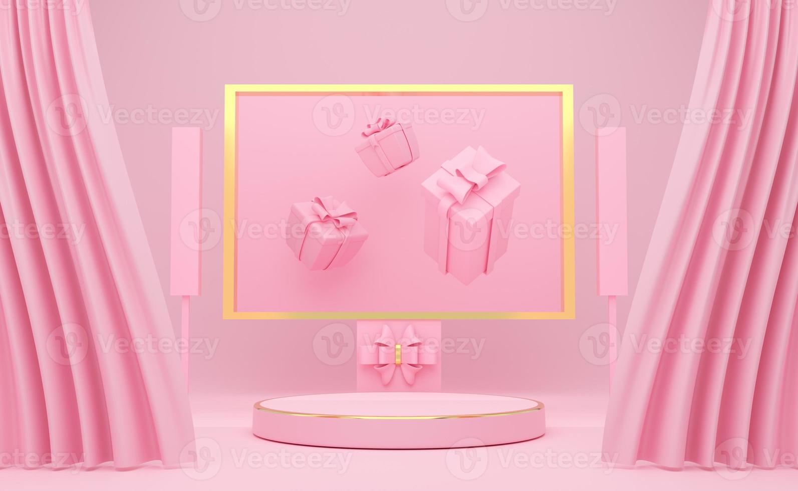 podium empty with geometric shapes and curtain in pink pastel composition for modern stage display and minimalist mockup ,abstract showcase background ,Concept 3d illustration or 3d render photo