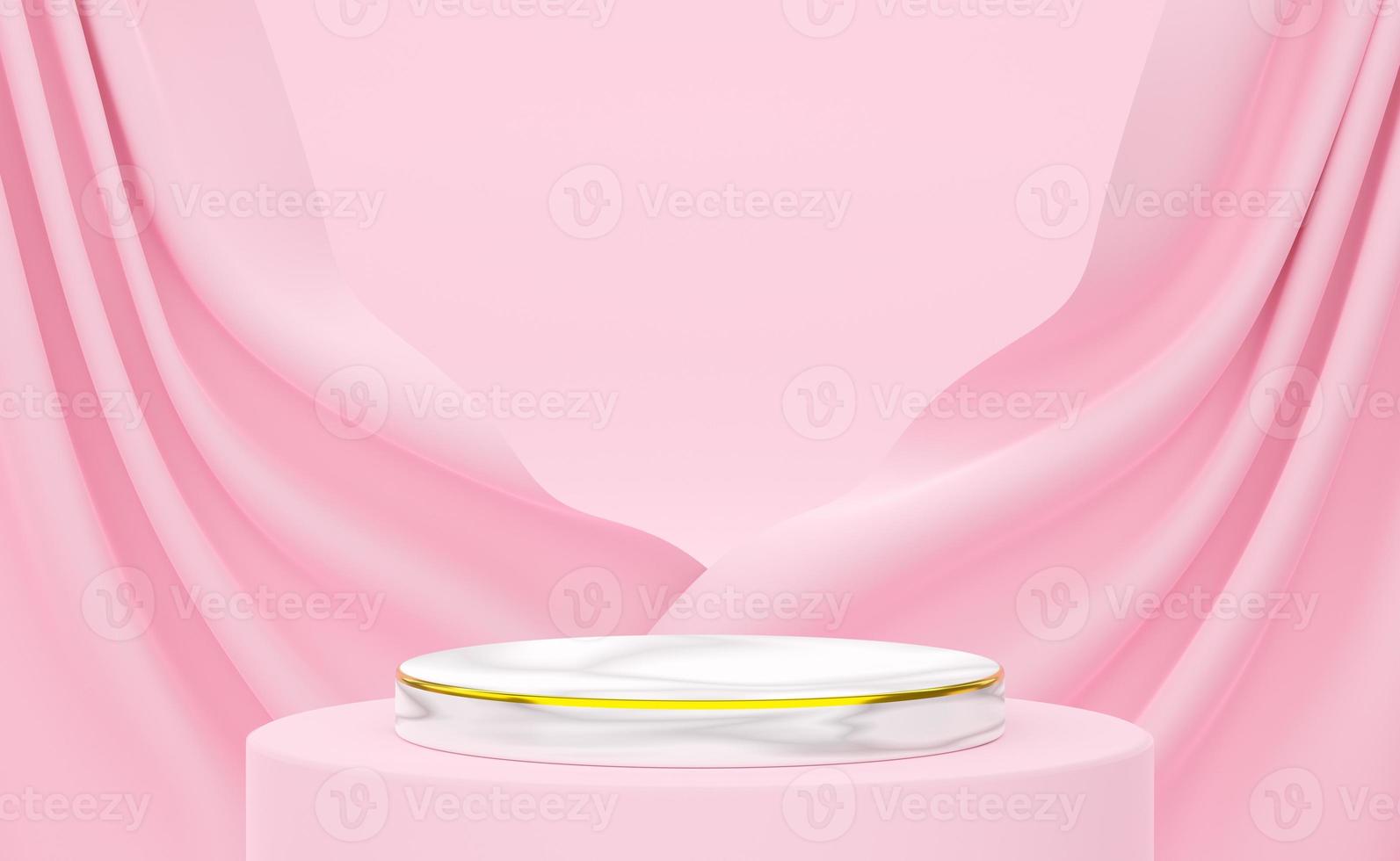 podium empty with geometric shapes and curtain in pink pastel composition for modern stage display and minimalist mockup ,abstract showcase background ,Concept 3d illustration or 3d render photo