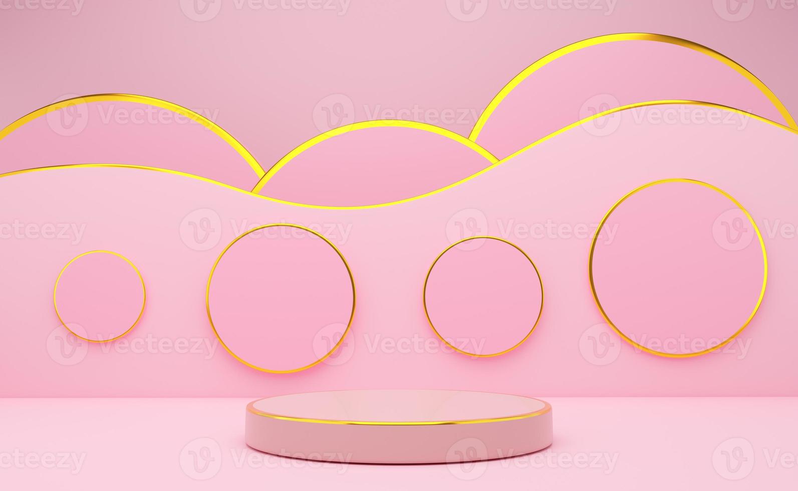 podium empty with geometric shapes in pink pastel composition for modern stage display and minimalist mockup ,abstract showcase background ,Concept 3d illustration or 3d render photo
