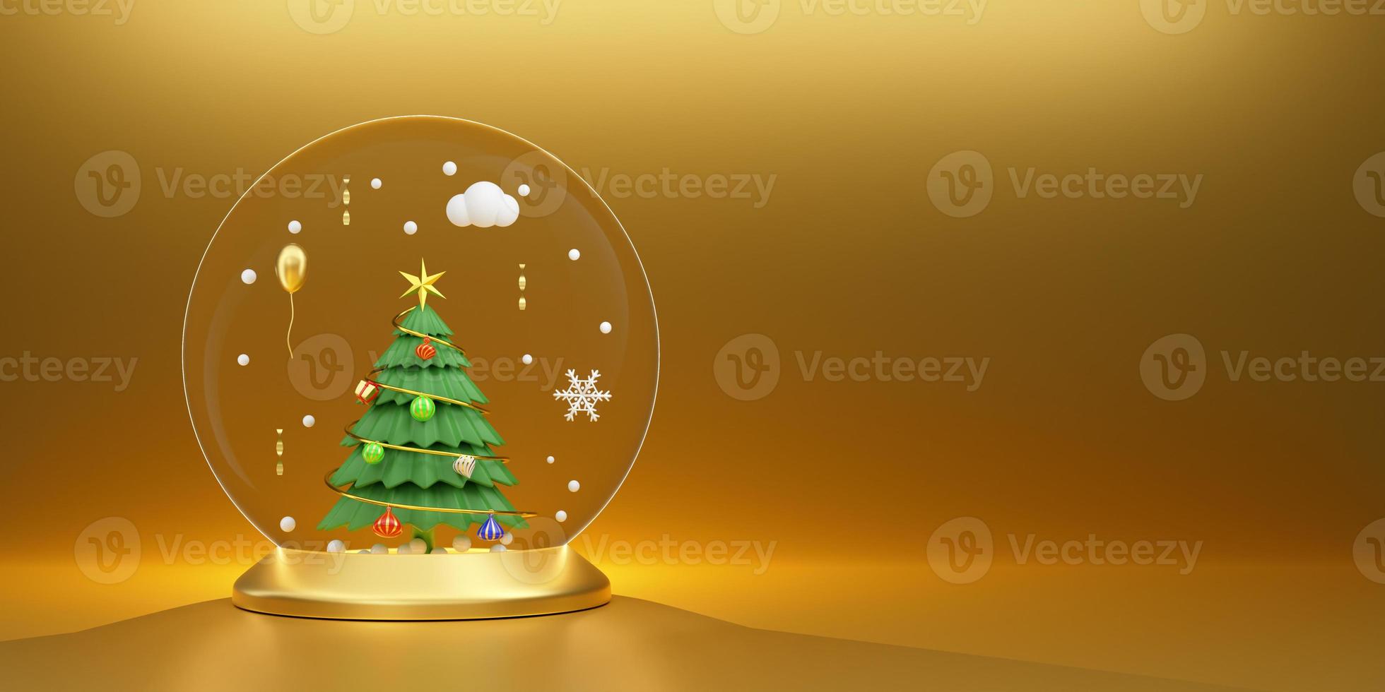 snow globe and Christmas tree with snow flakes and ornaments in Gold composition for modern
